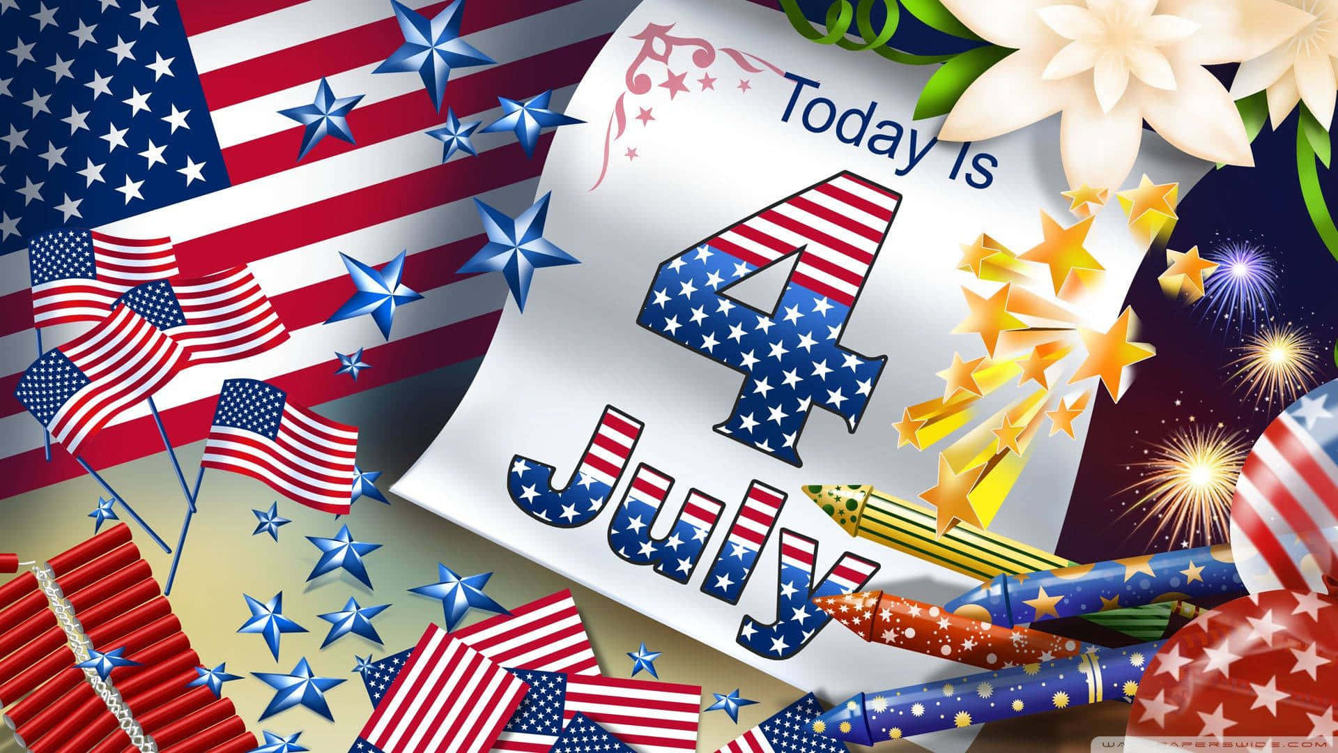 以微笑慶祝4月7日！ 壁紙 — 一個充滿節日氣氛的7月4日慶祝活動，包含美國國旗、星星、煙火和充滿紅、白、藍色的愛國蠟筆。