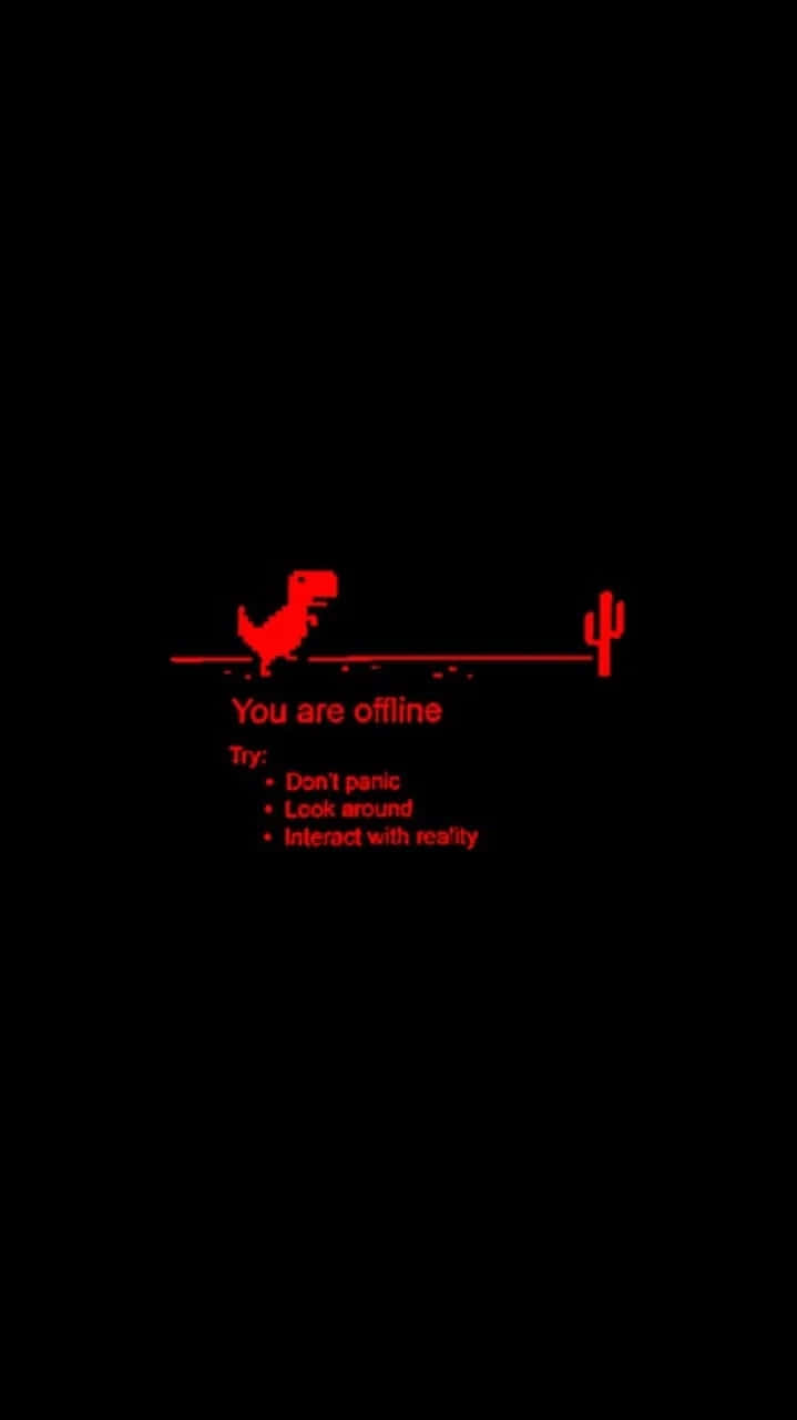 以態度與自信駕馭街頭時尚！ 壁紙 — 黑色背景上帶有「You are offline」文字的簡約紅色像素恐龍和仙人掌。