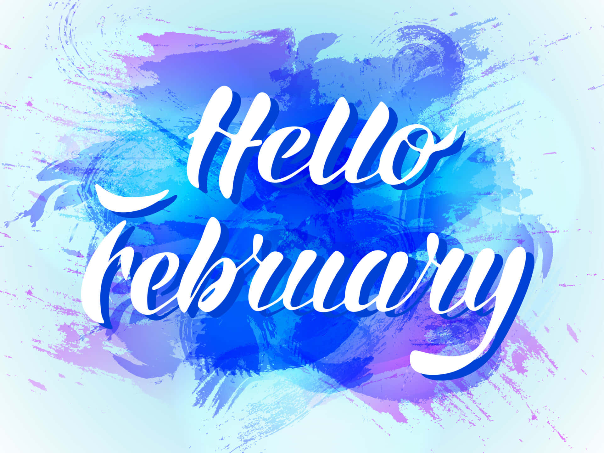 以慶祝的心情迎接二月 🥳 壁紙 — 粗體白色草書文字「Hello February」在充滿活力的藍色和紫色水彩潑濺背景上脫穎而出。