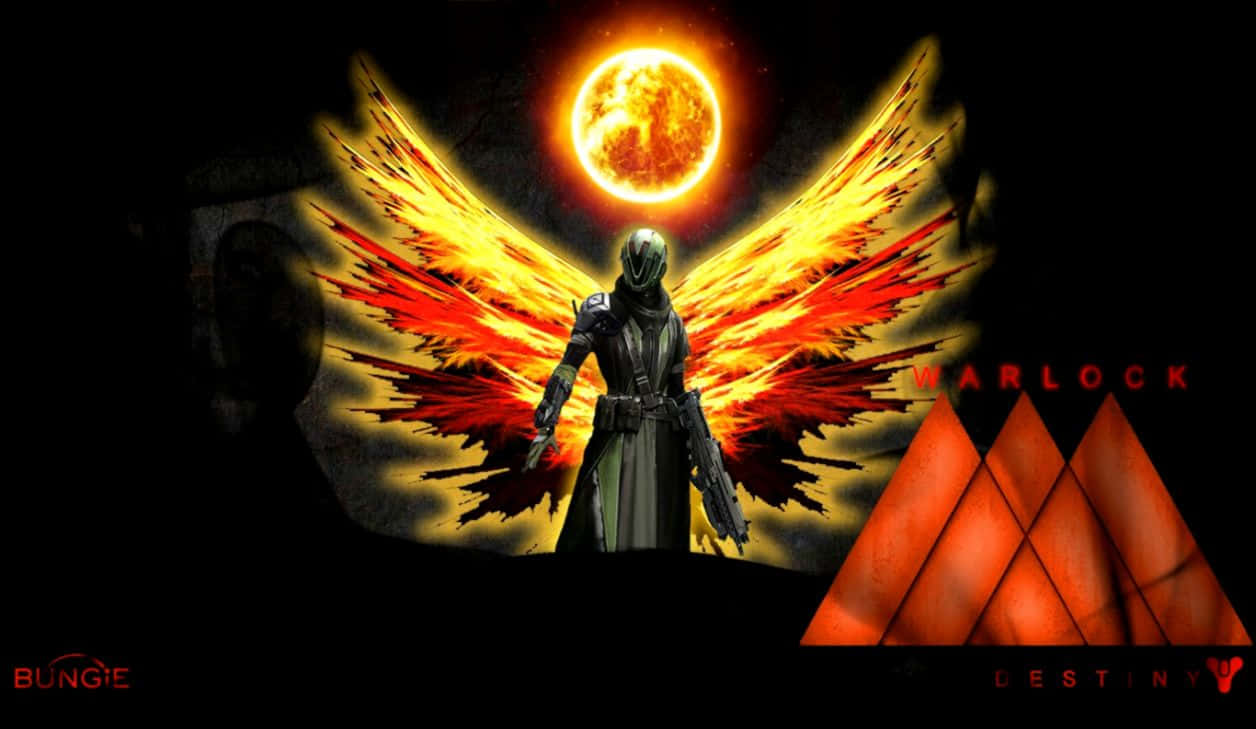 Destiny 遊戲藝術中，擁有火焰翅膀的術士角色站在發光的太陽前。