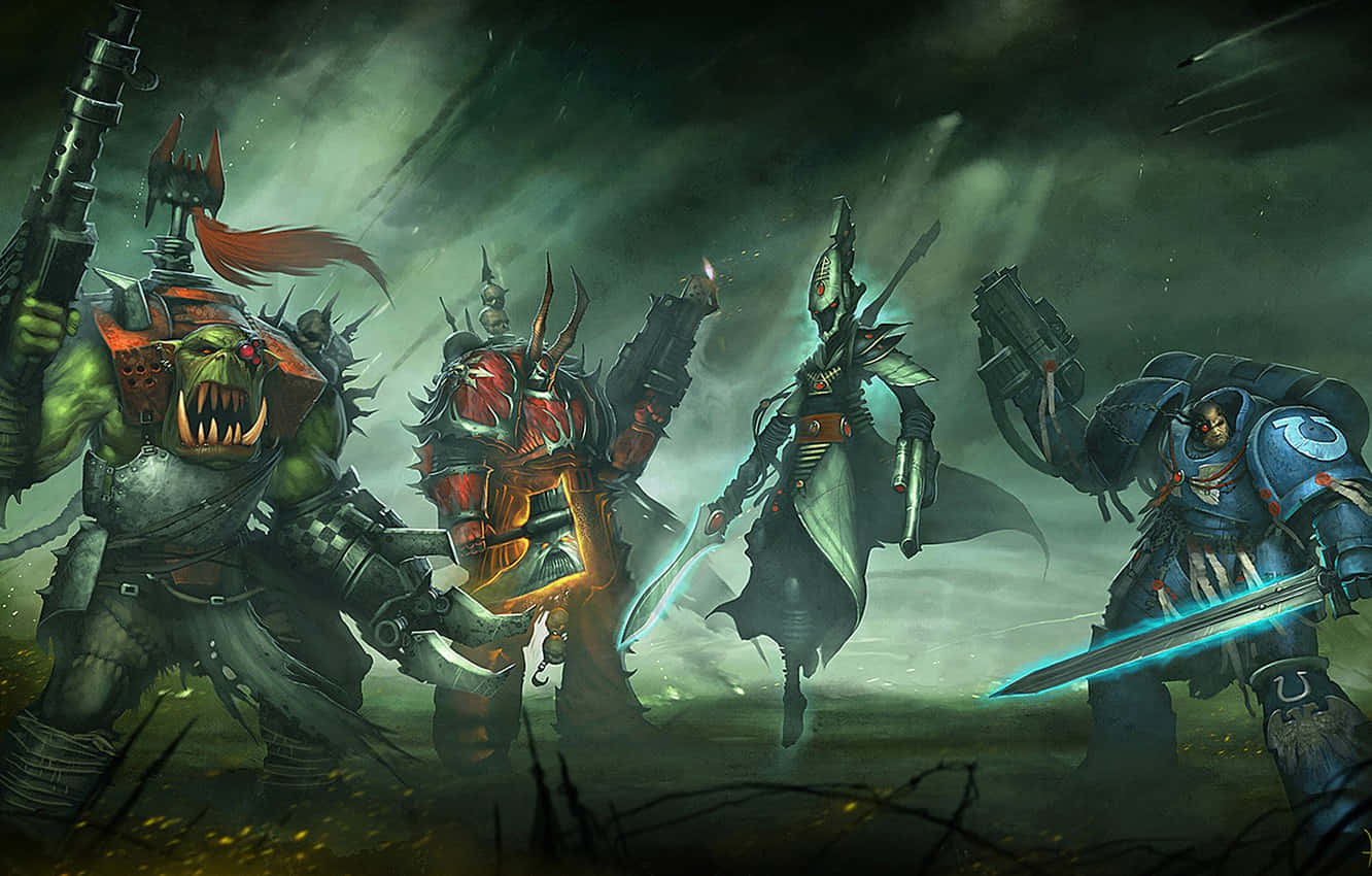 四位身穿鎧甲的奇幻戰士，手持發光武器，站在暴風雨戰場上。