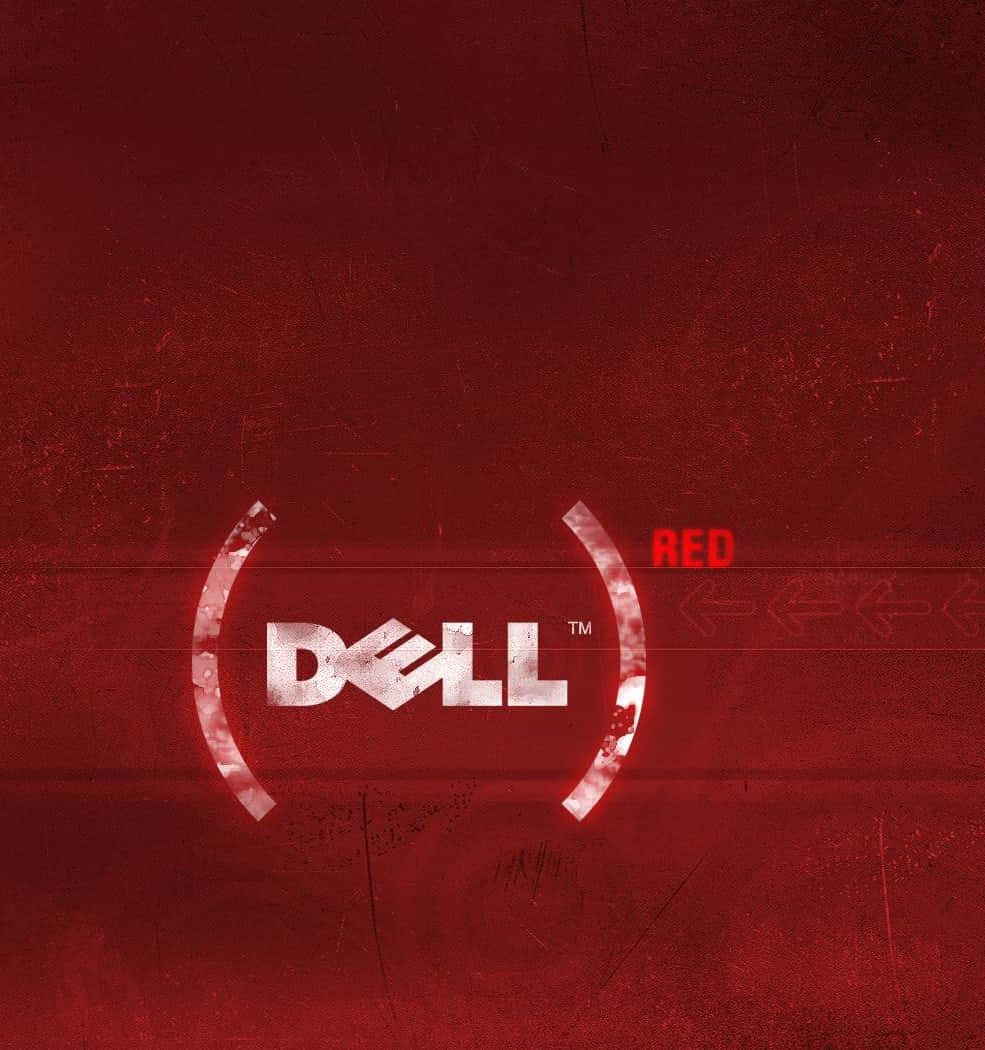 白色Dell標誌，帶有紅色發光弧線，位於紋理紅色背景上