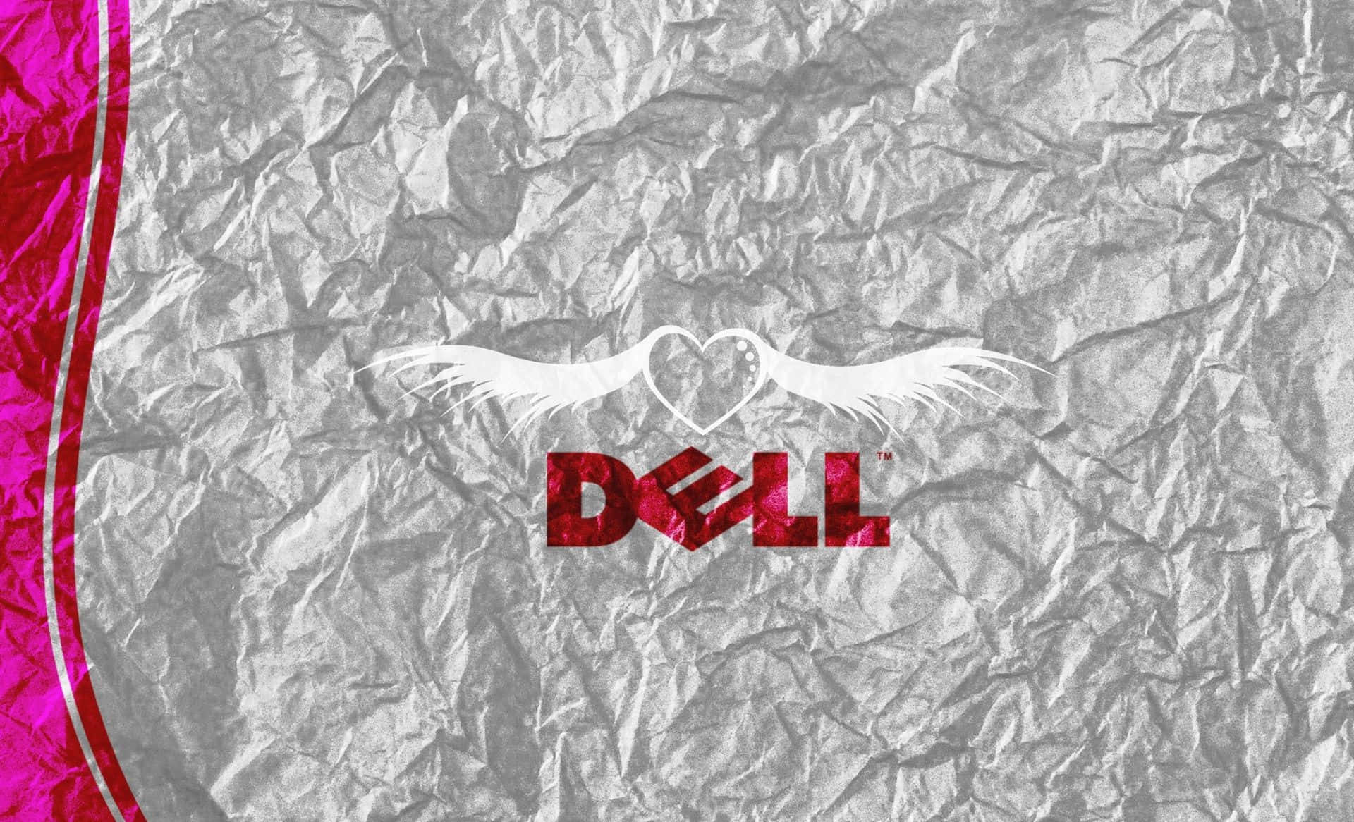 Dell 標誌配以翅膀和心形，位於皺紋銀色紙上，帶有粉紅色邊框。