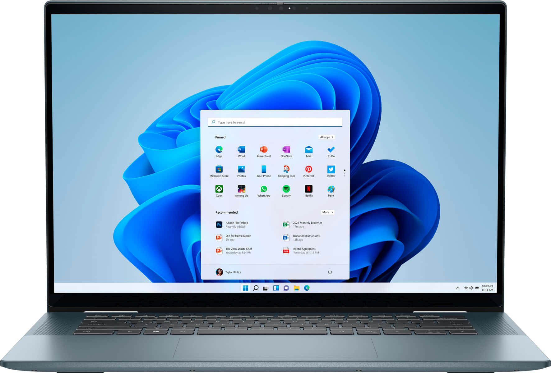 筆記型電腦顯示Windows 11開始功能表，帶藍色抽象背景。
