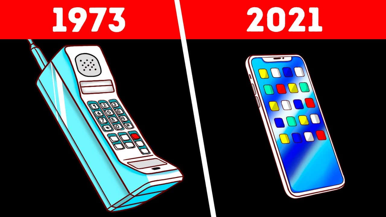 比較1973年電話與2021年智能手機的插圖。