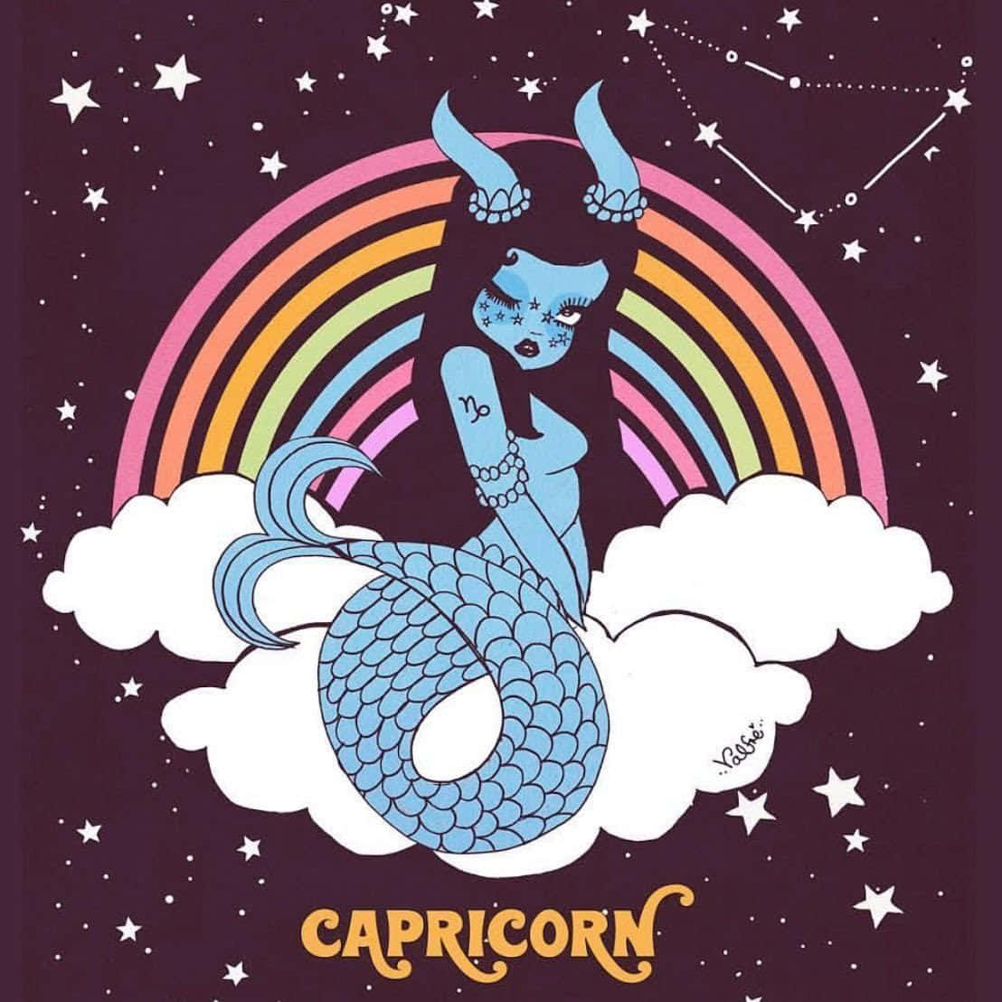 藍色有角的山羊座美人魚坐在星空彩虹下的雲端上。