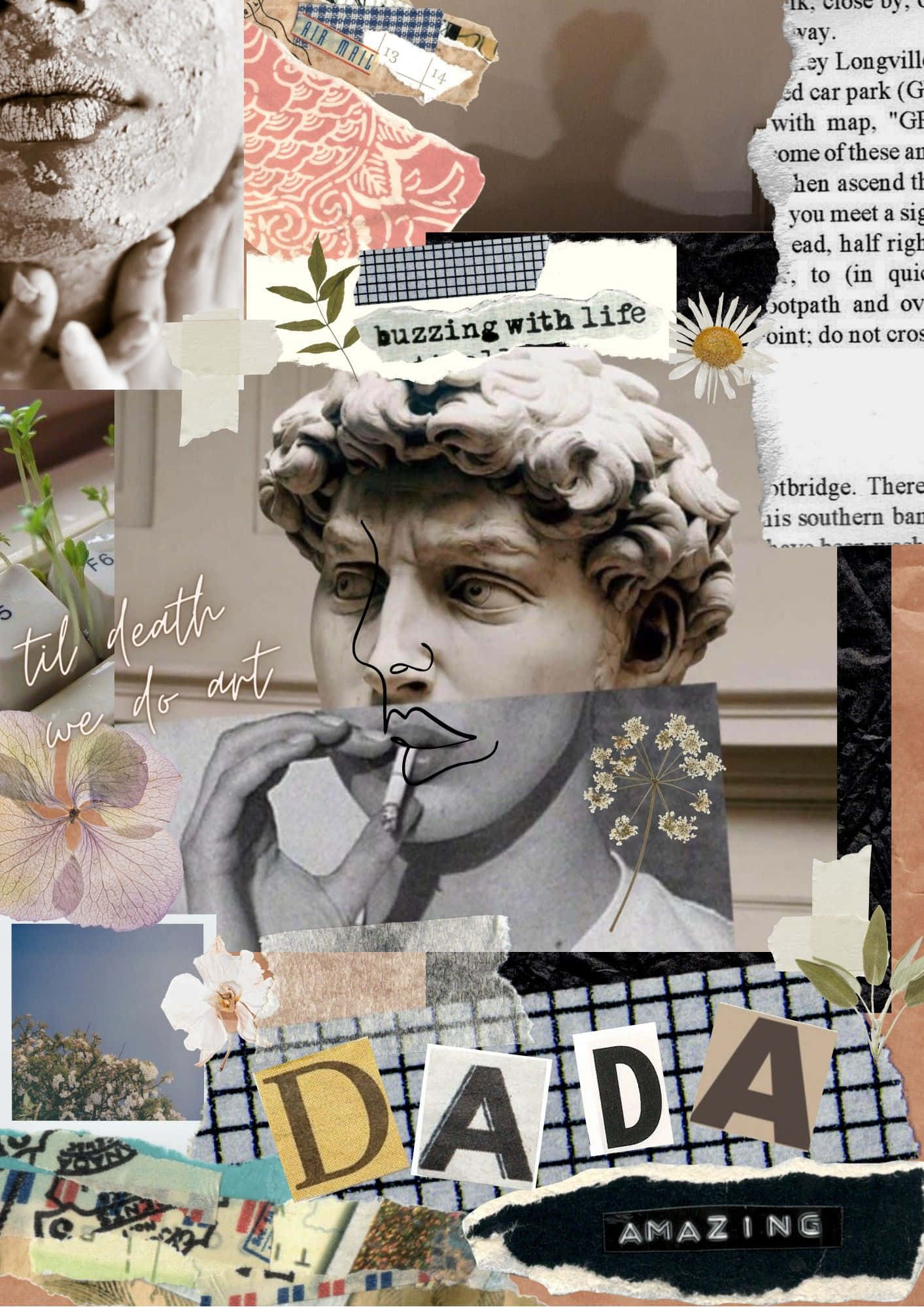 Dadaism 桌布 壁紙 — 以撕碎紙片拼貼而成的作品，包含大衛雕像、花朵、文字片段及柔和色調的抽象圖案。
