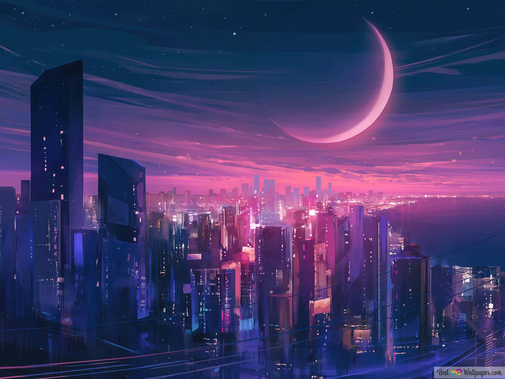 以新 iPad Pro 解鎖無限可能 壁紙 — 未來主義的城市夜景，在發光的彎月下沐浴在霓虹粉紅和藍色中。