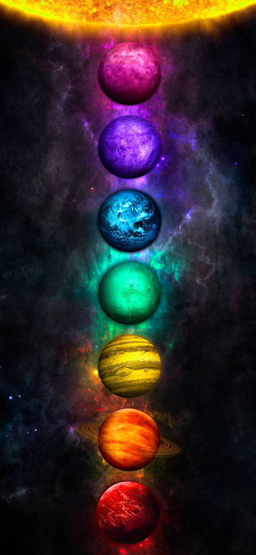七顆彩色行星垂直排列在星空宇宙背景上。