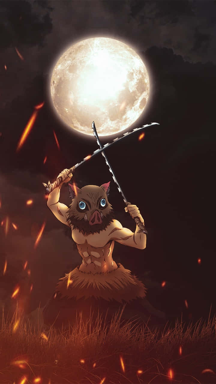 動漫豬戰士在滿月下手持交叉劍，火星飄浮。