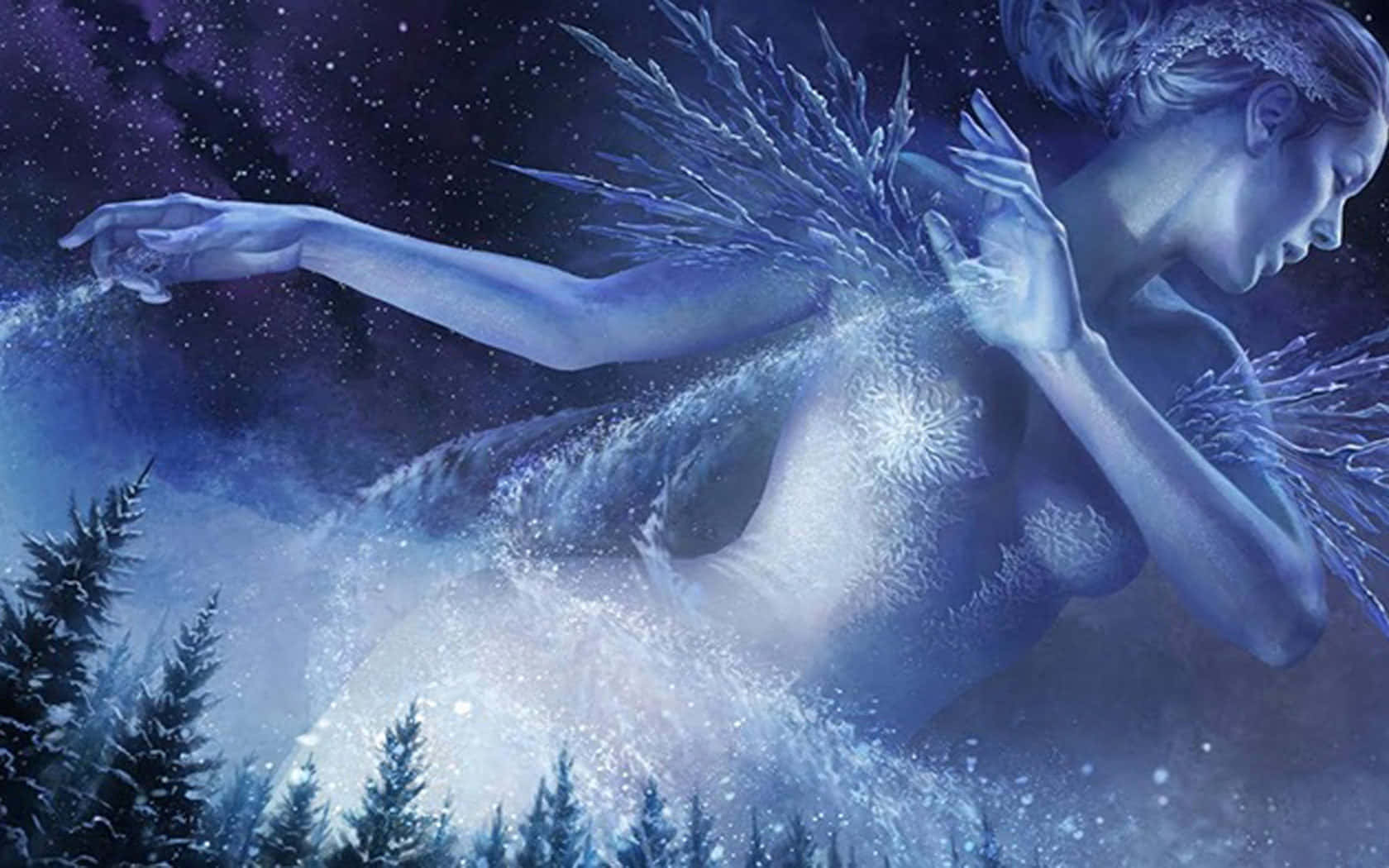 擁有水晶翅膀的冰仙子在星空下飄浮在積雪的松樹上方。