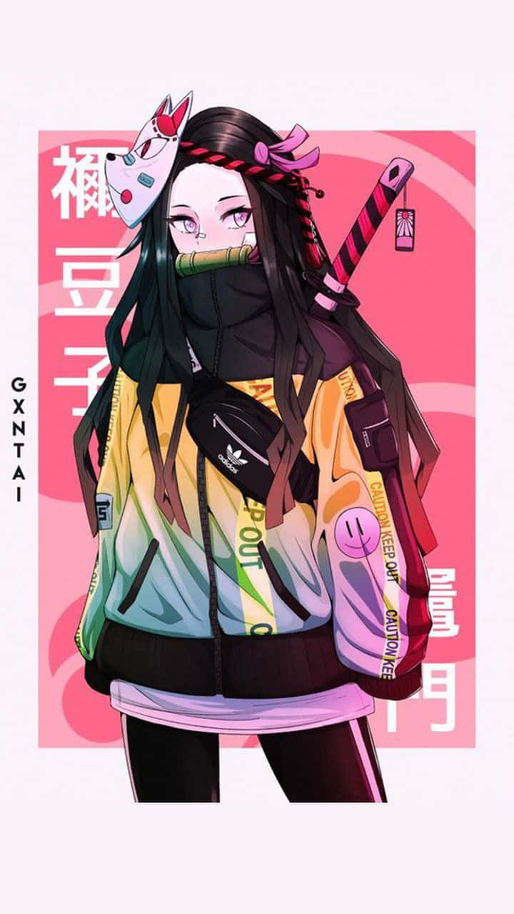 長髮持武士刀的動漫角色，穿著彩色街頭服飾，背景為粉紅色。