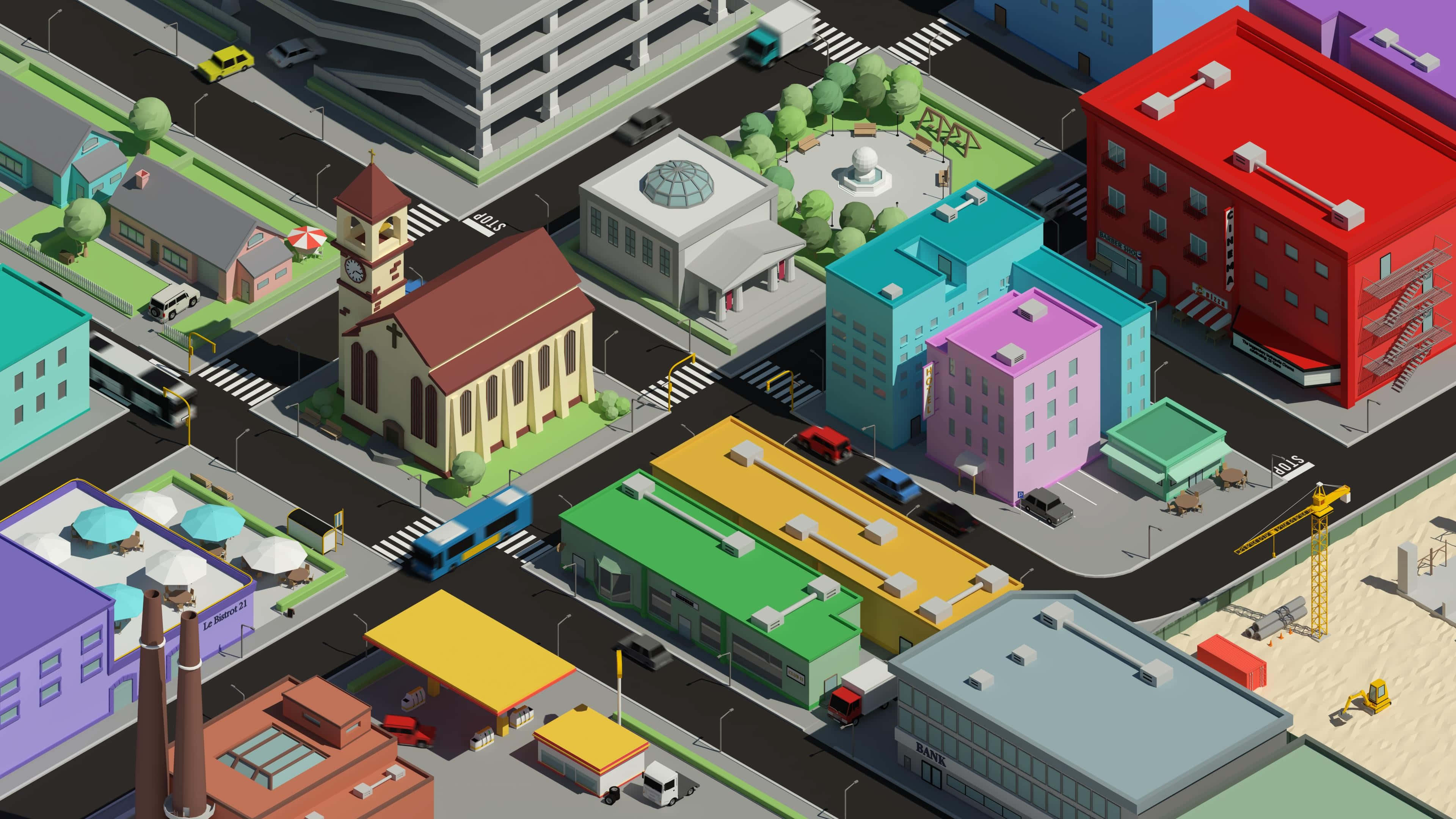 3d City 桌布 壁紙 — 以明亮柔和色調呈現的等距視角彩色卡通城市景觀，包含建築物、道路和車輛。