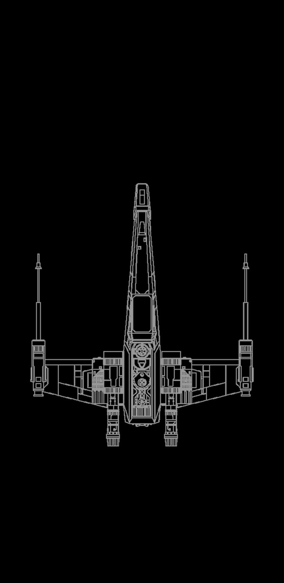 黑色背景上X-wing星際戰鬥機的白色線條藝術