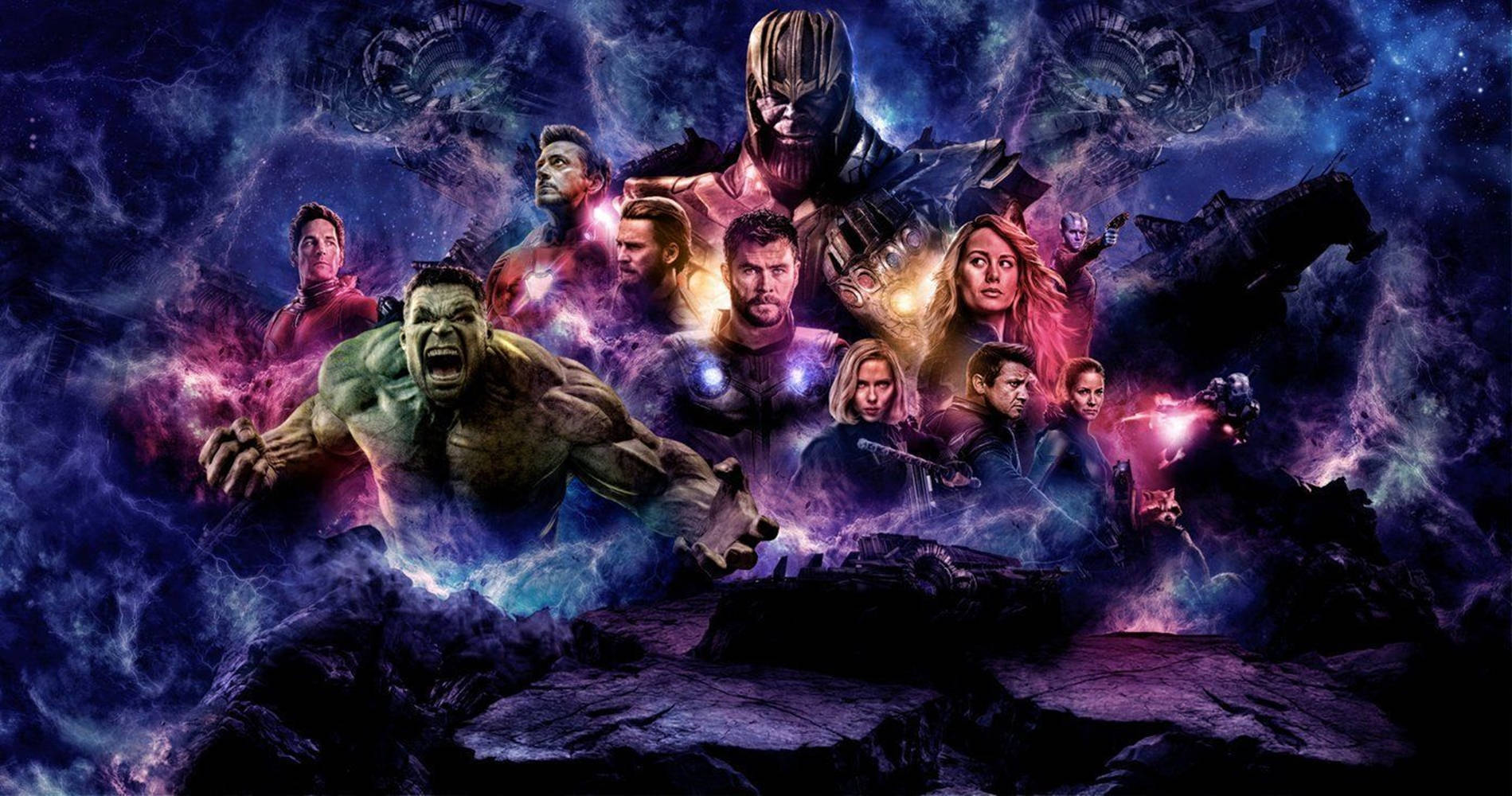 Marvel超級英雄與反派在帶有發光能量的宇宙戰鬥場景中。 — 復仇者聯盟：終局之戰 壁紙