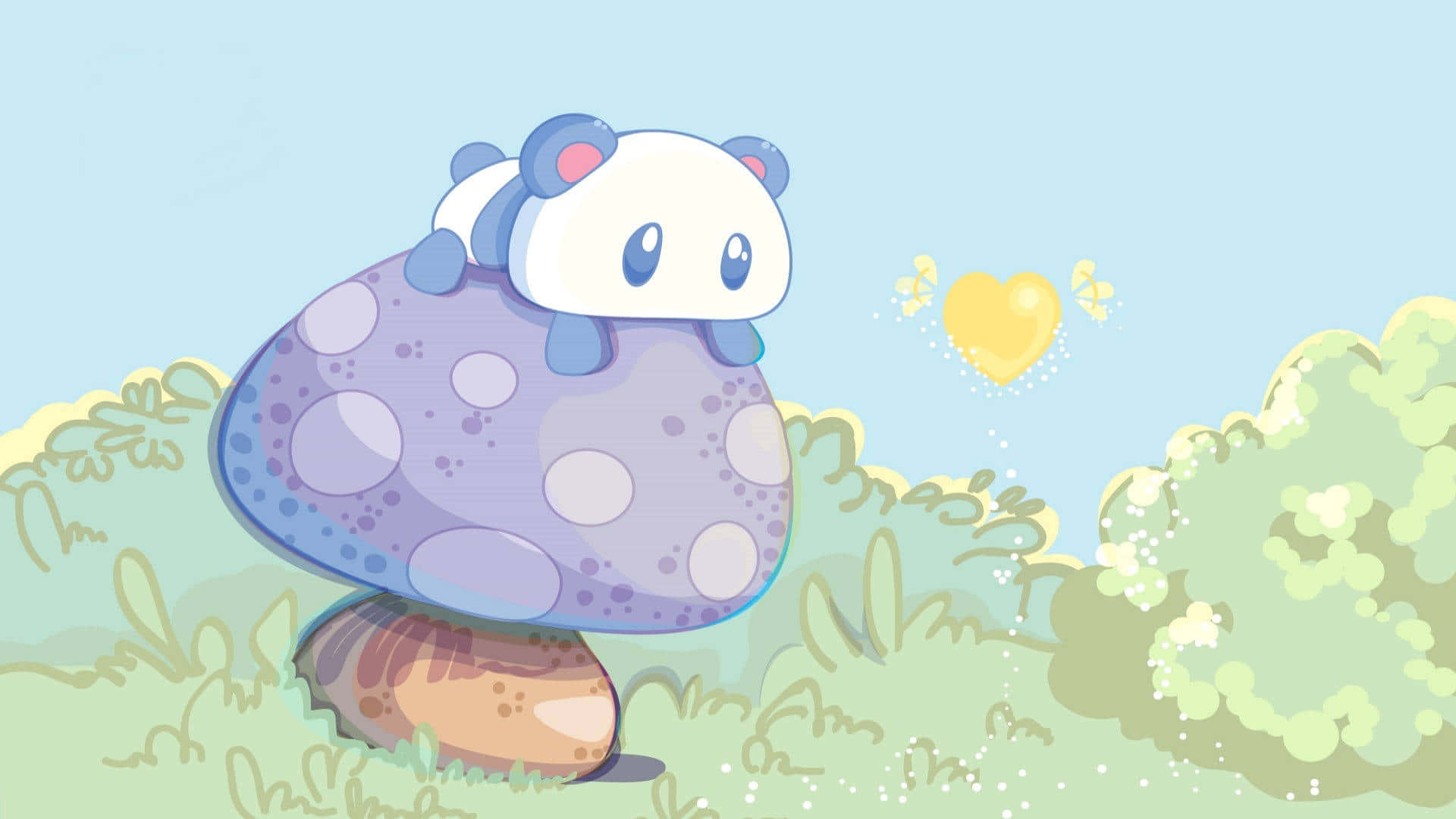 以時尚 Kawaii Pastel 風筆電，提升工作效率！ 壁紙 — 一隻可愛的白色和藍色熊貓寶寶坐在一個有斑點的大蘑菇上，在一片柔和的粉彩草地上，還有一個漂浮的黃色心形。