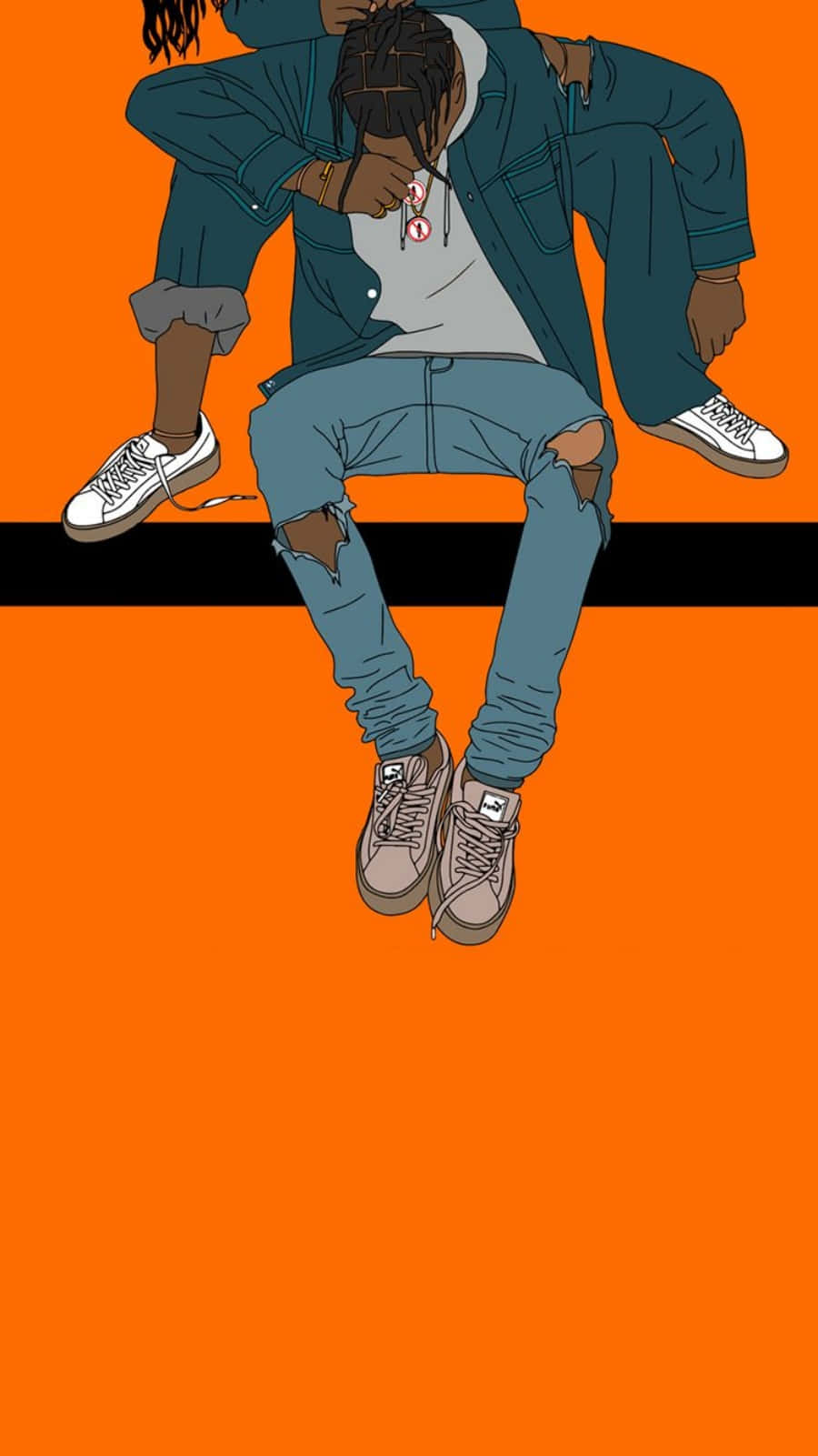 兩個穿著街頭服飾的人背對背坐在橙色背景上的黑色條紋上。