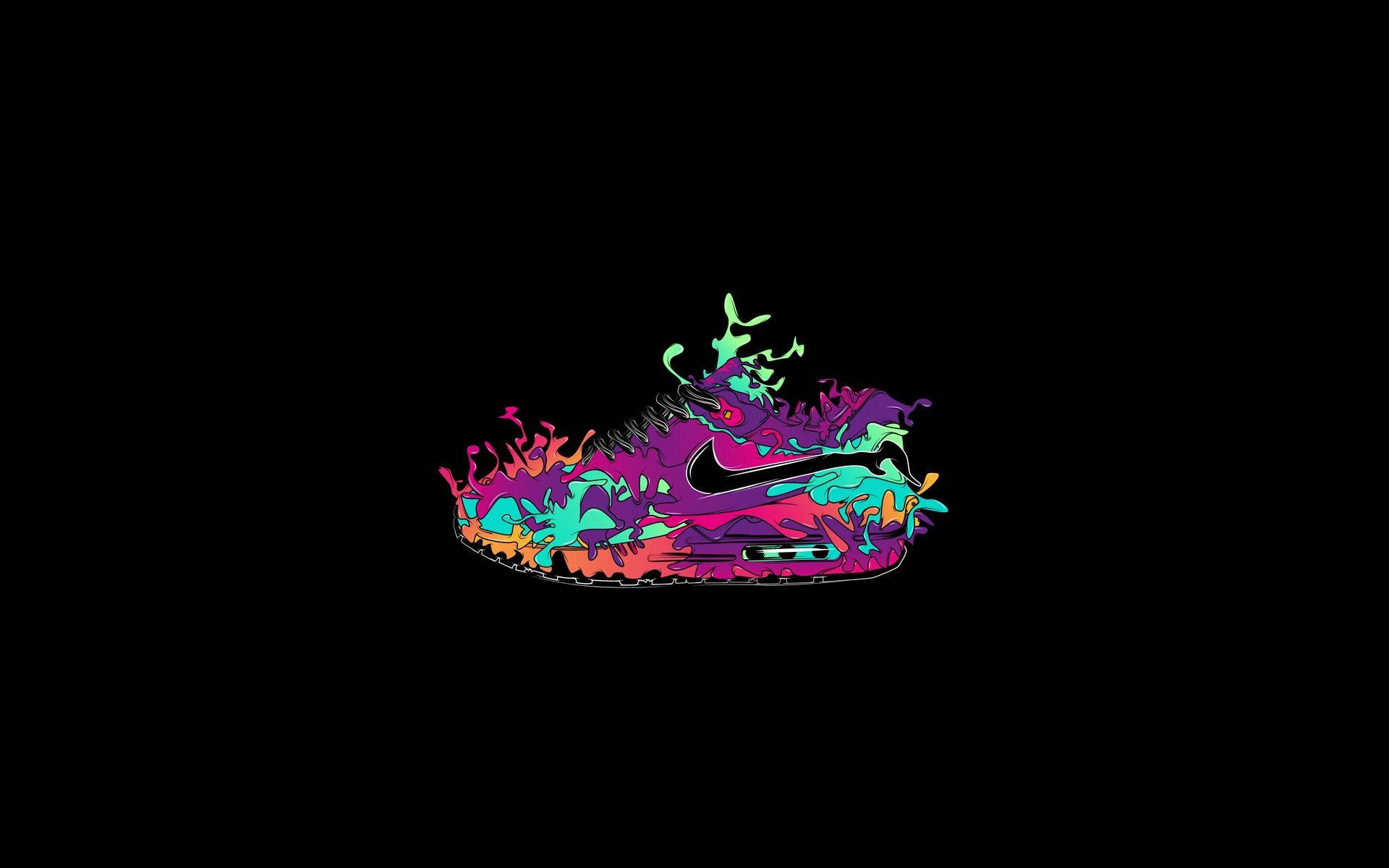 黑色背景上 Nike 運動鞋的霓虹顏料潑濺設計。