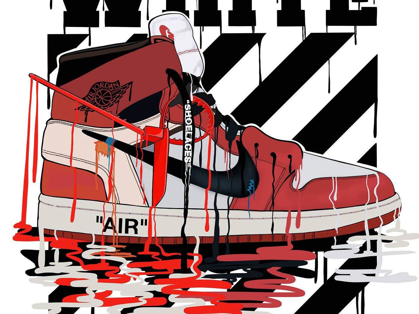 一對紅白波鞋在條紋背景上滴落油漆。