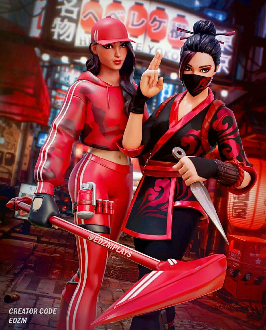 以時尚Ruby《Fortnite》造型投入戰鬥 壁紙 — 兩個風格化的女性角色穿著紅色服裝，在霓虹燈照亮的日本街景中自信地擺姿勢。