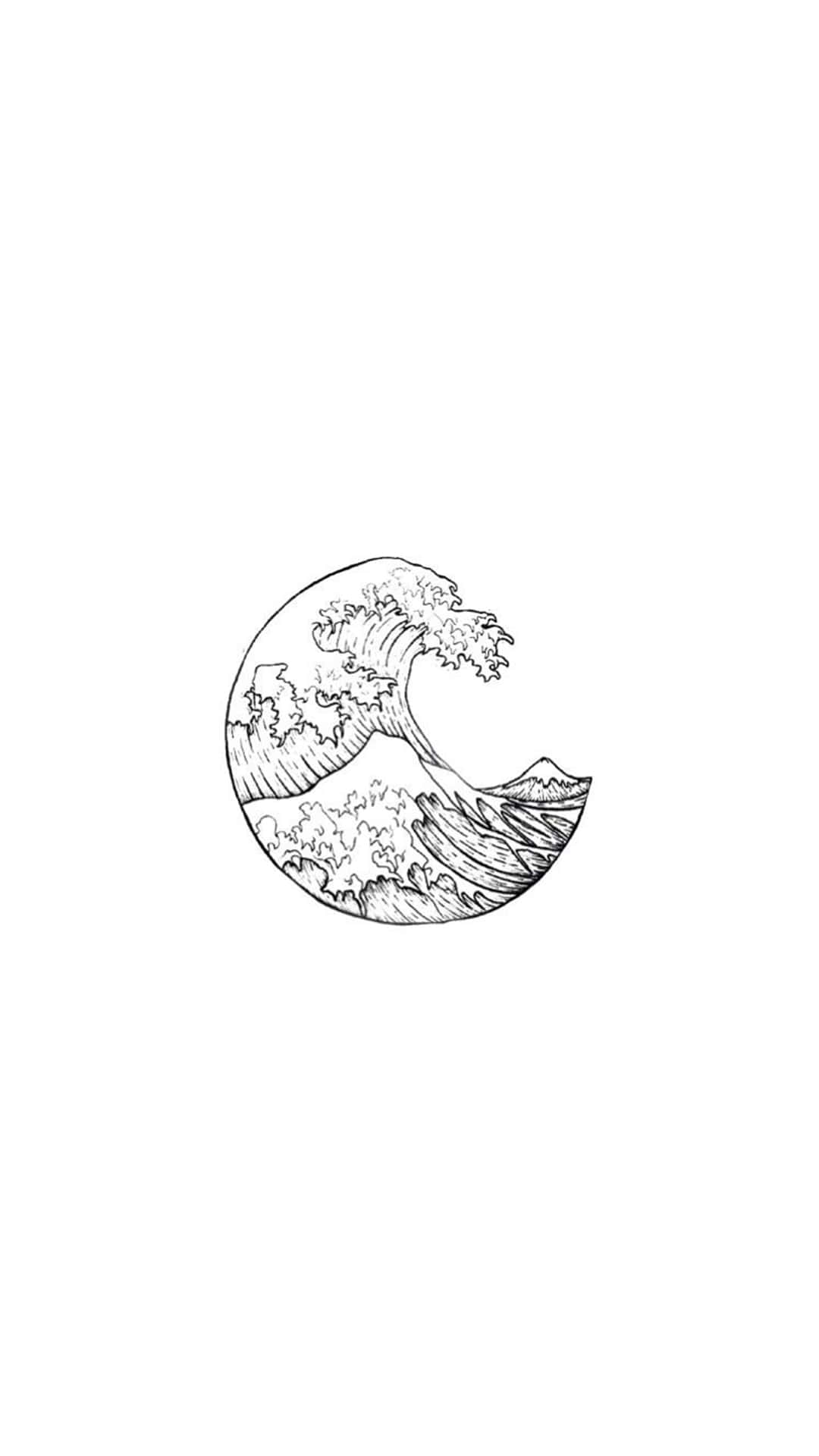 以黑白線條藝術風格繪製的新月形波浪。