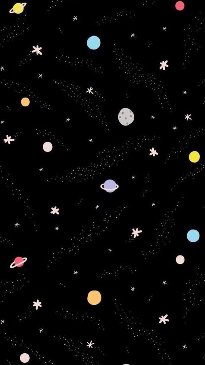 一個有趣的卡通太空場景，有色彩繽紛的行星和星星。