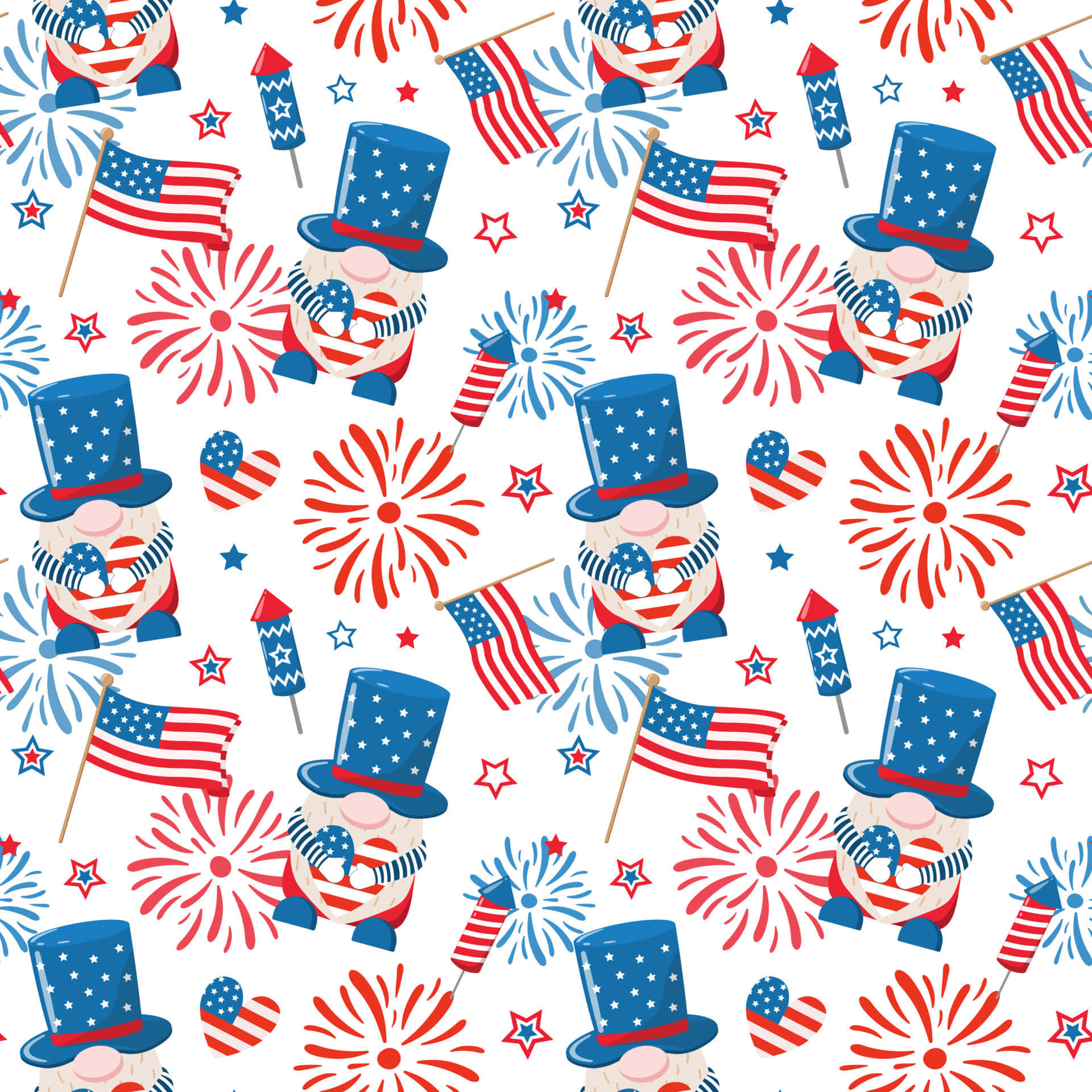 以時尚可愛方式慶祝七月初四！ 壁紙 — 重複圖案，卡通地精戴著愛國帽子，手持旗幟和煙花，背景為白色。