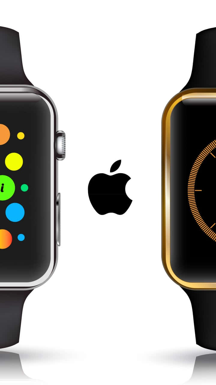 兩隻Apple Watch帶有不同錶面面對面，中間有Apple標誌。