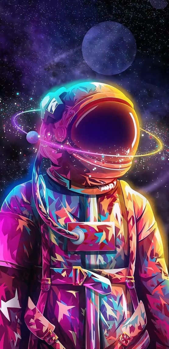 一個穿著星星圖案太空衣的彩色太空人，在太空中漂浮，周圍有發光環和行星。