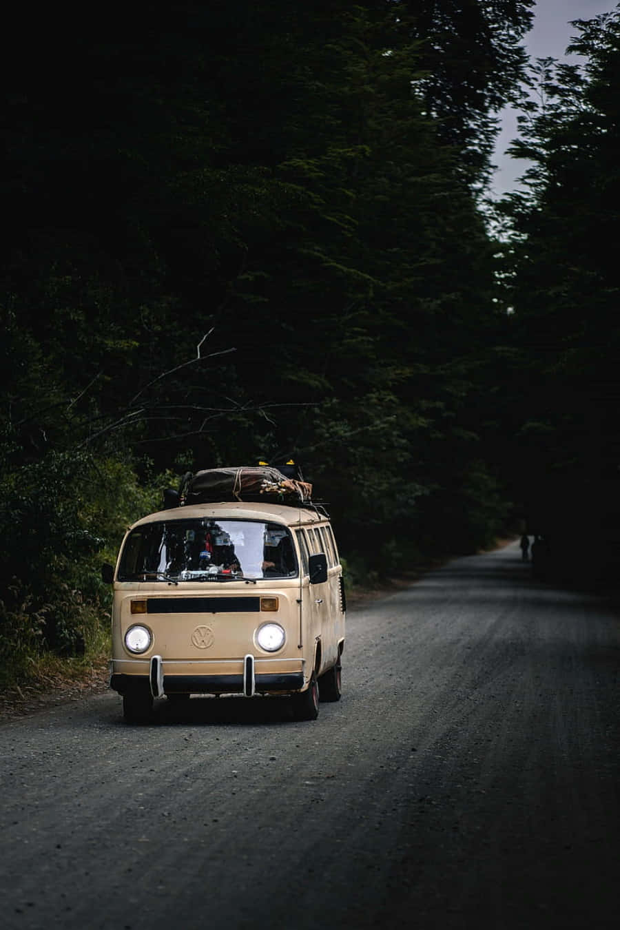 米色復古露營車車頂載著行李，在暮色中的森林道路上行駛。