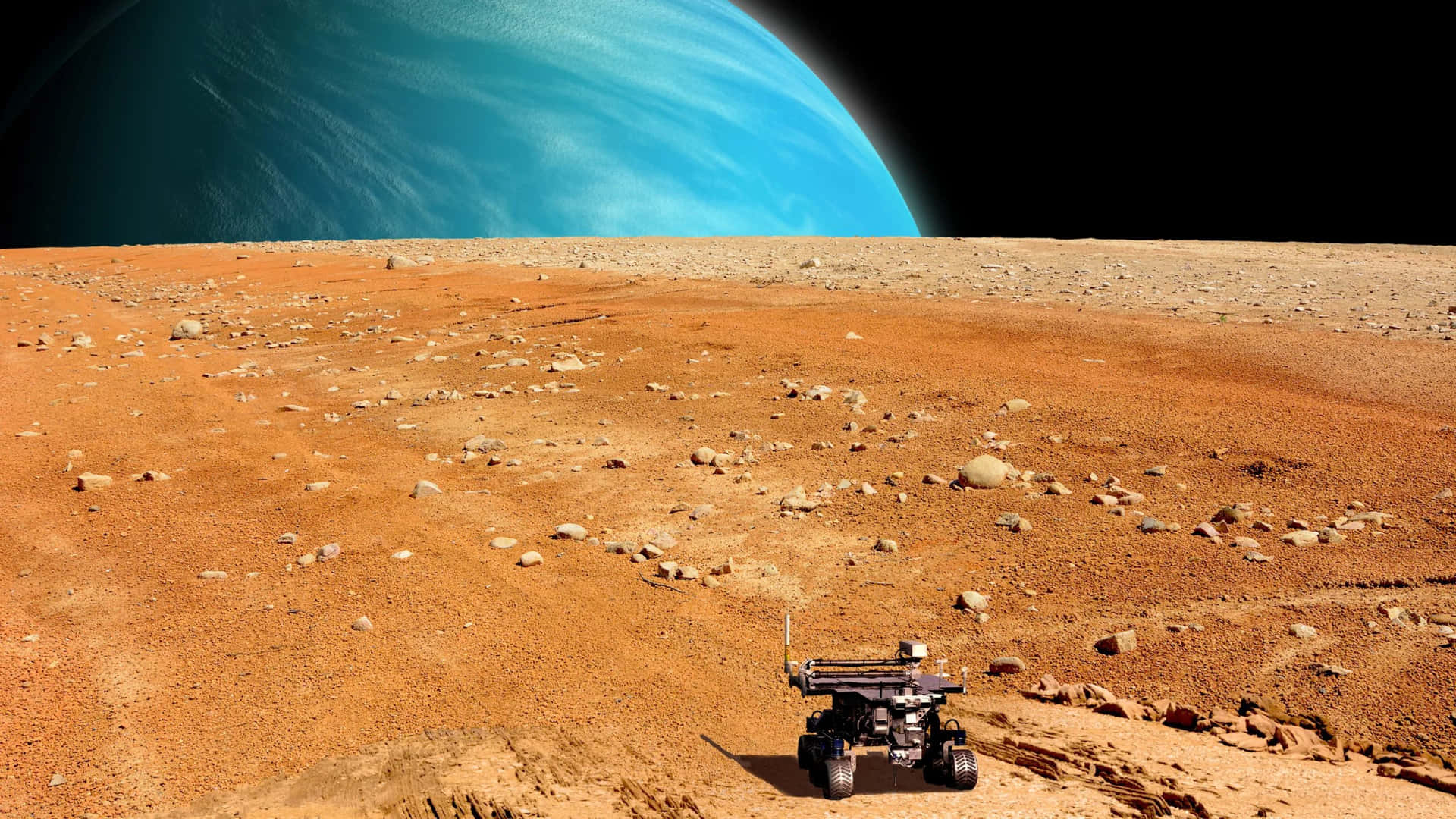 一個探測車在紅色外星行星上，天空中有一個藍色行星。