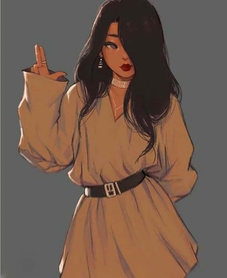 黑髮紅唇的動漫女孩，穿著帶黑色腰帶的米色連衣裙，做出和平手勢。