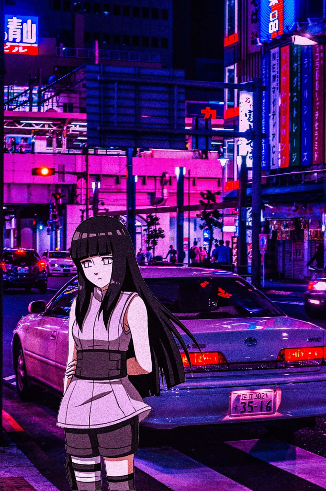夜晚霓虹燈下的城市街道上的動畫女孩