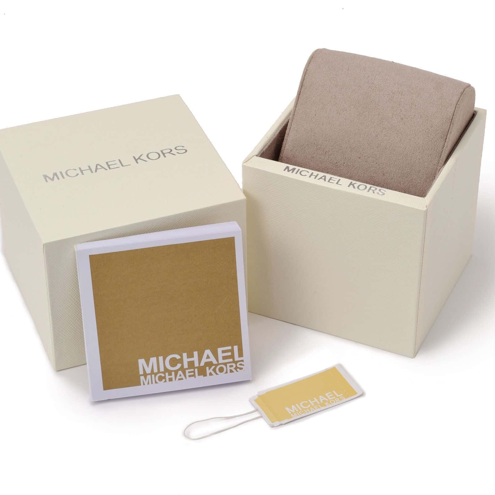 Michael Kors 米色領帶喺品牌包裝入面，附有標籤同卡片。