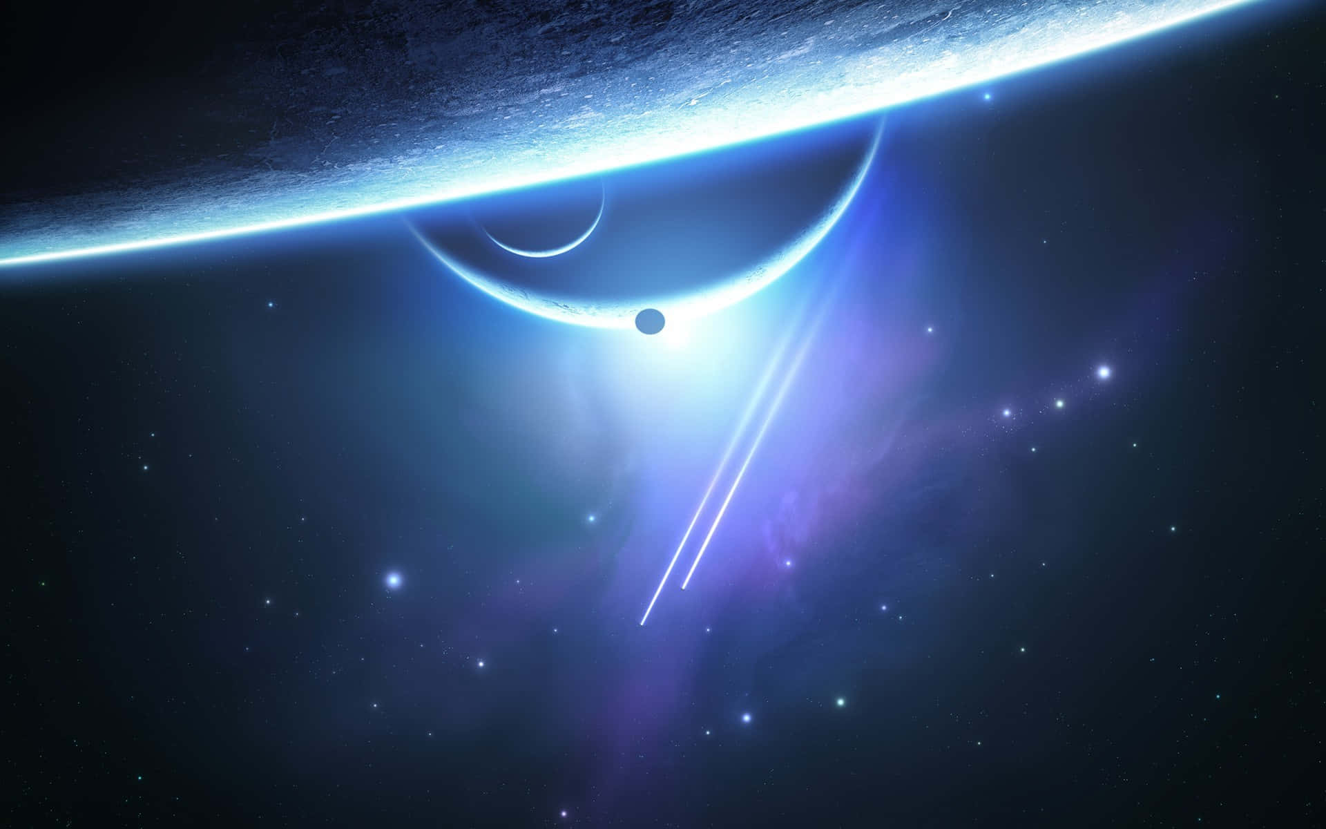 一顆藍色行星，其大氣層中落下發光的光線，背景是星空。