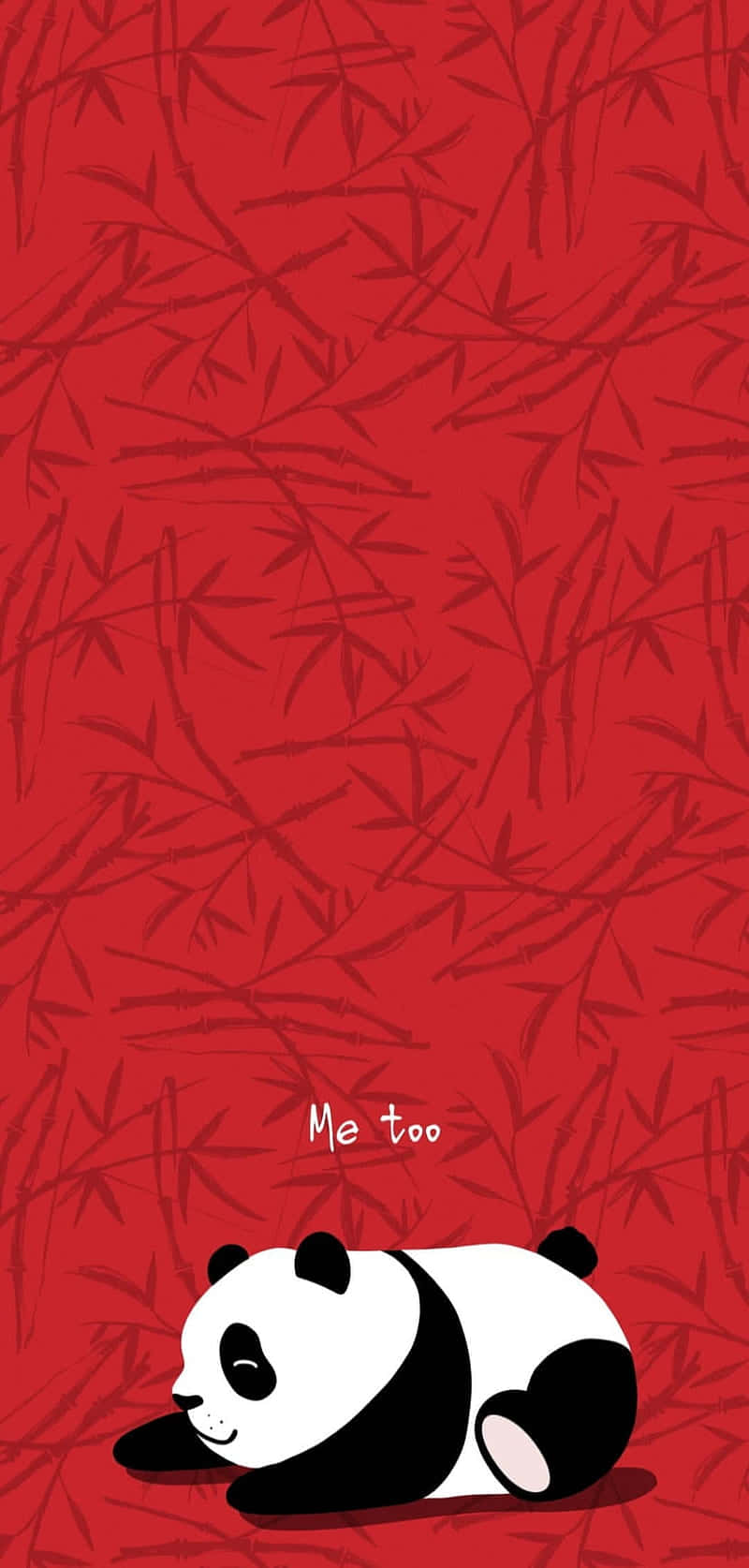 在紅色竹子圖案背景上睡覺的熊貓，附有文字 me too