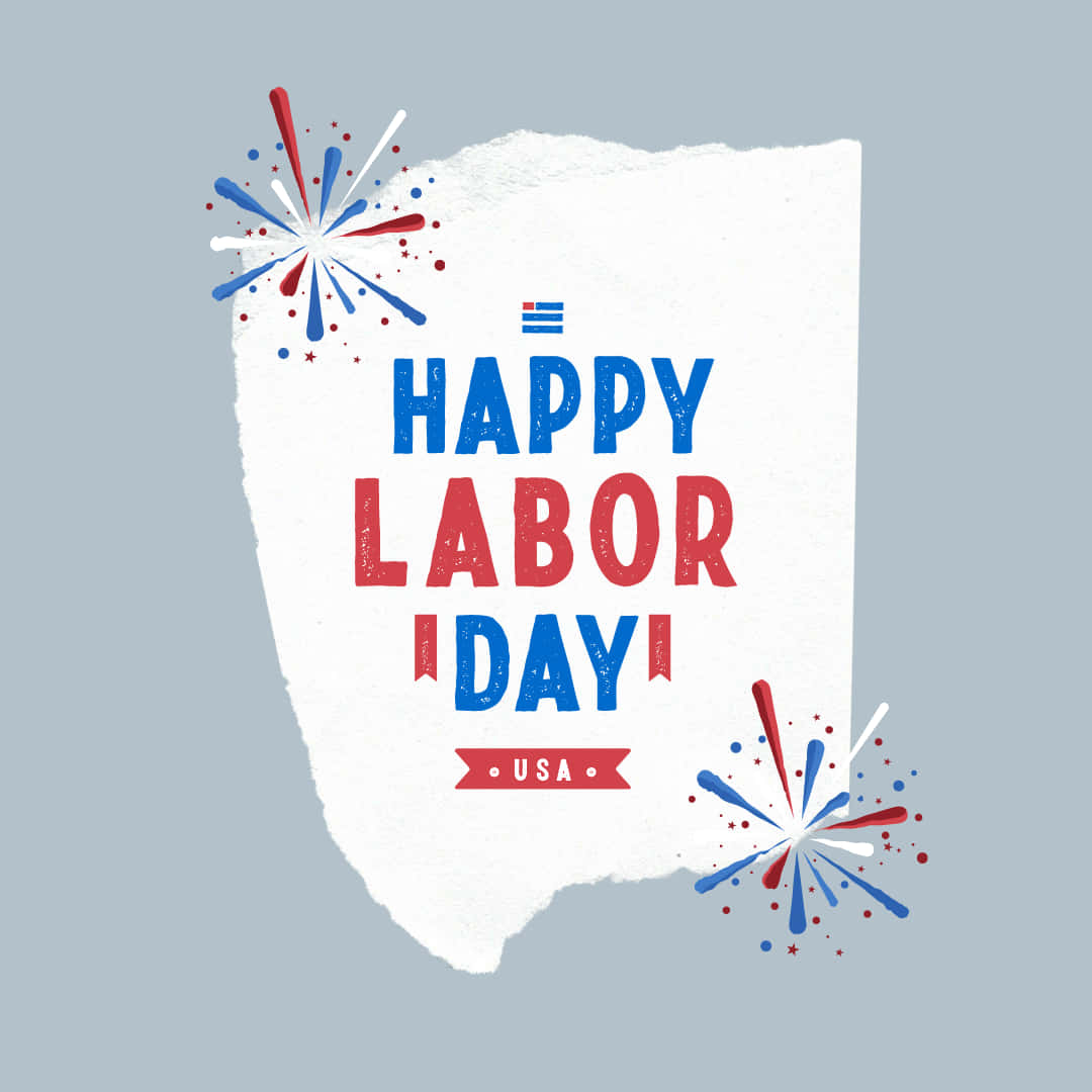 Happy Labor Day USA 圖形，帶有紅藍文字和煙花。