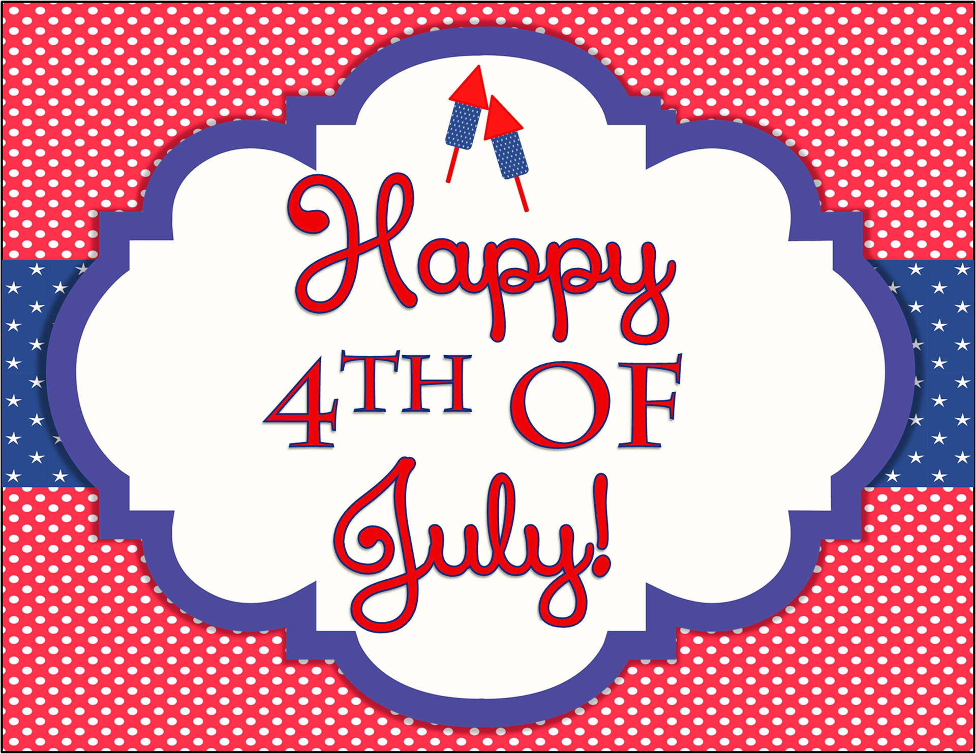 Happy 4th of July 問候，帶有煙花和星星，背景為紅白藍波點。