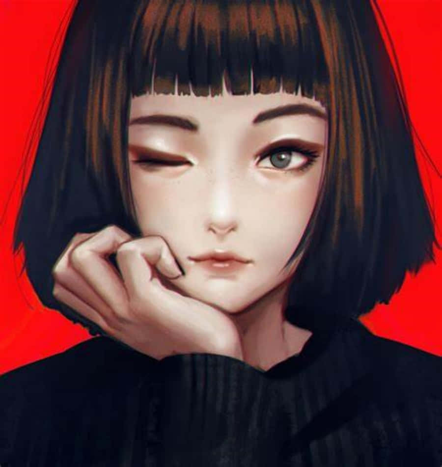 以時尚方式社交 壁紙 — 一位年輕女性閉上一隻眼睛，睜開另一隻，在鮮紅色的背景上將下巴擱在手上。