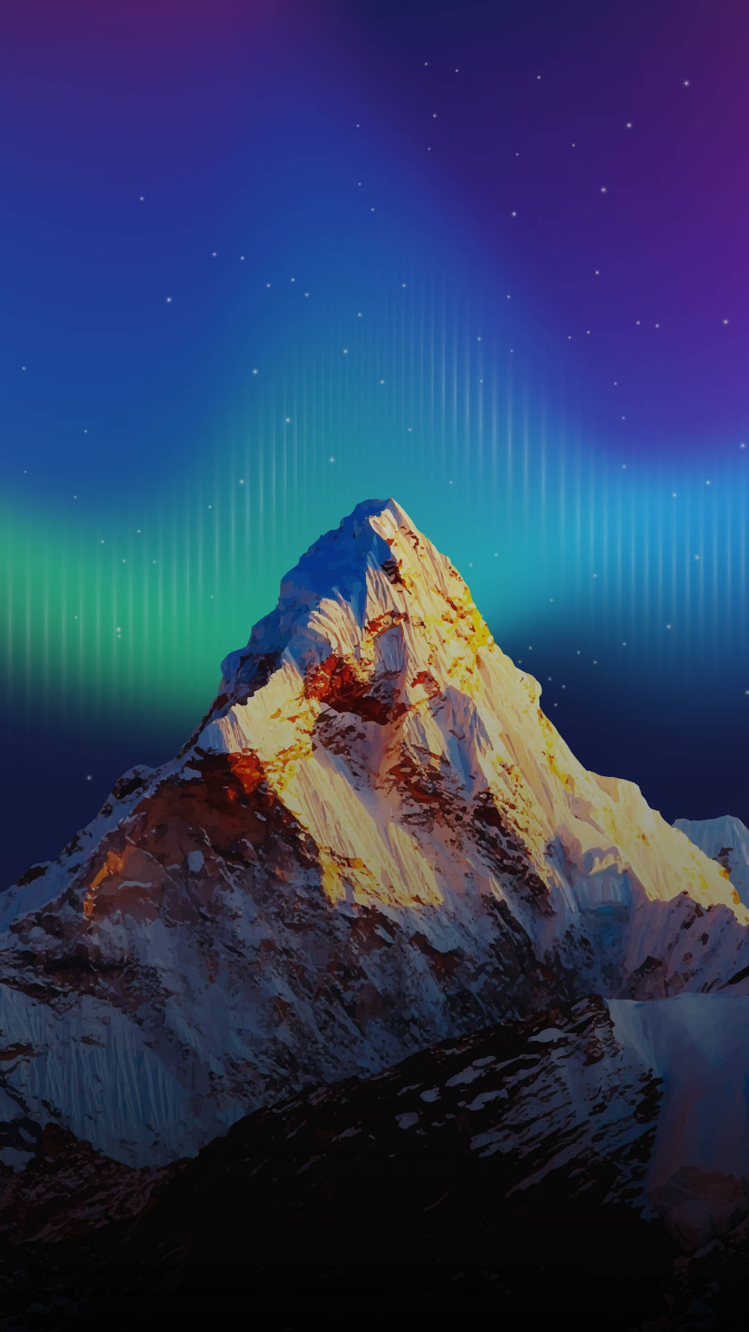 雪山在發光的北極光和星空下
