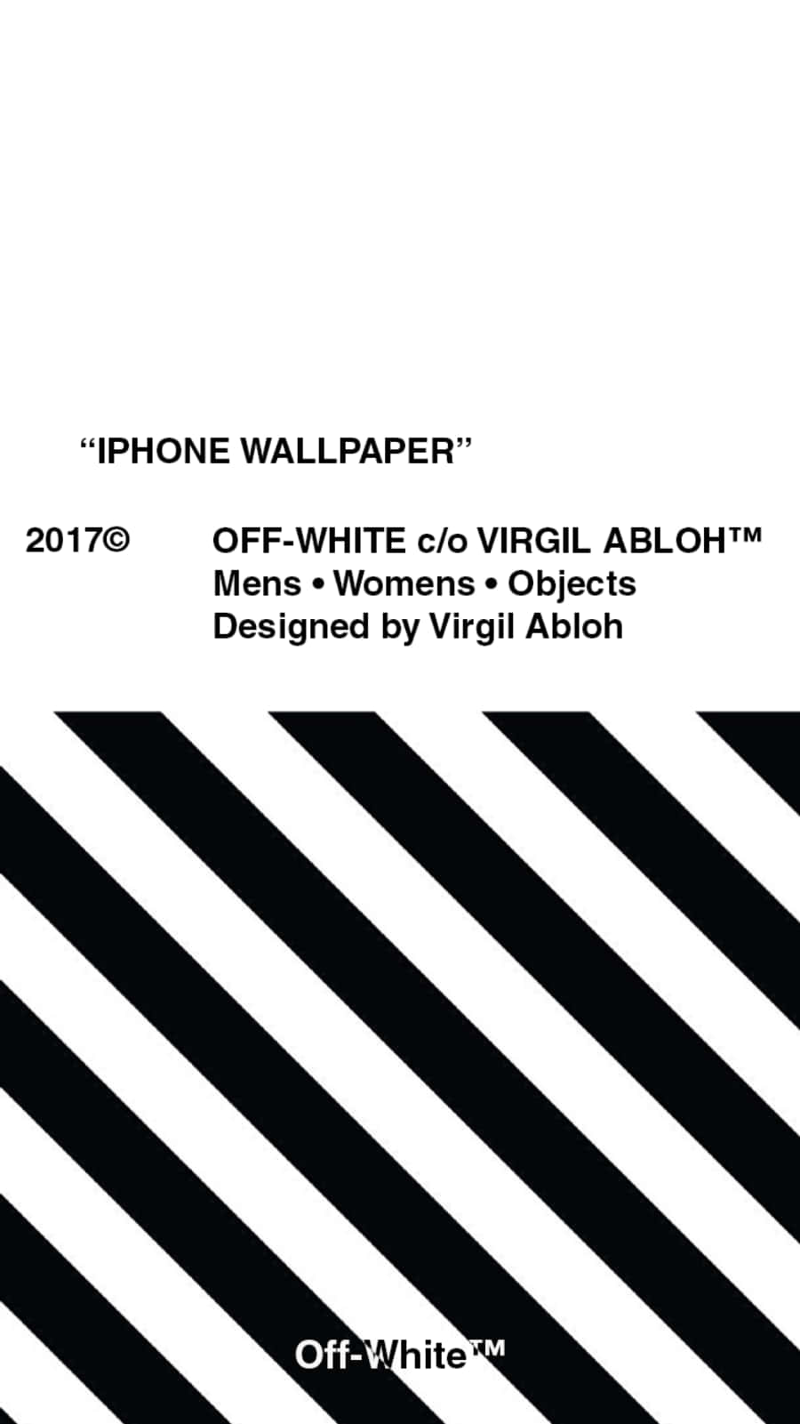 Off-White 品牌壁紙，帶有黑色斜紋和文字。
