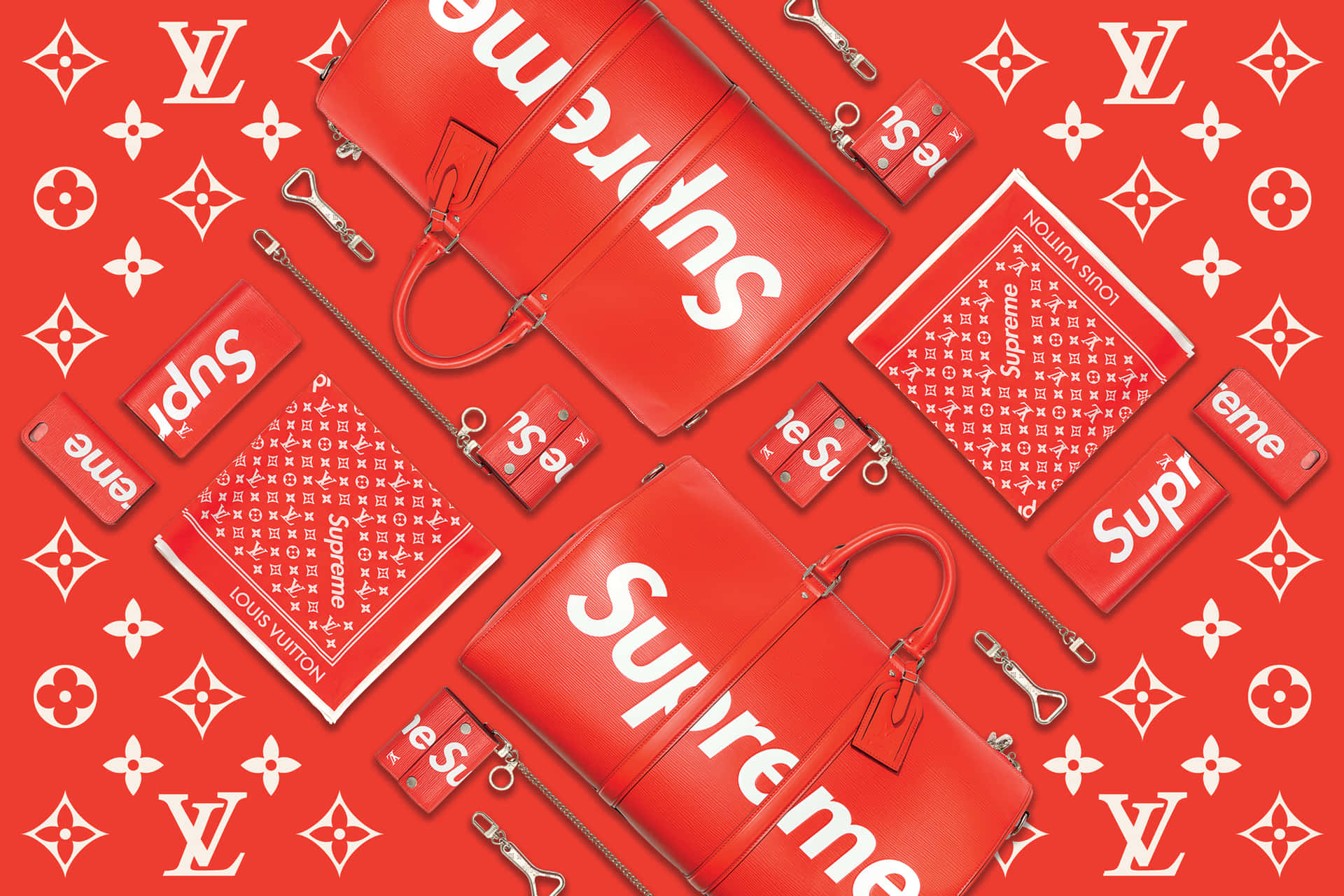 紅色 Supreme 和 Louis Vuitton 奢華配件在圖案背景上。