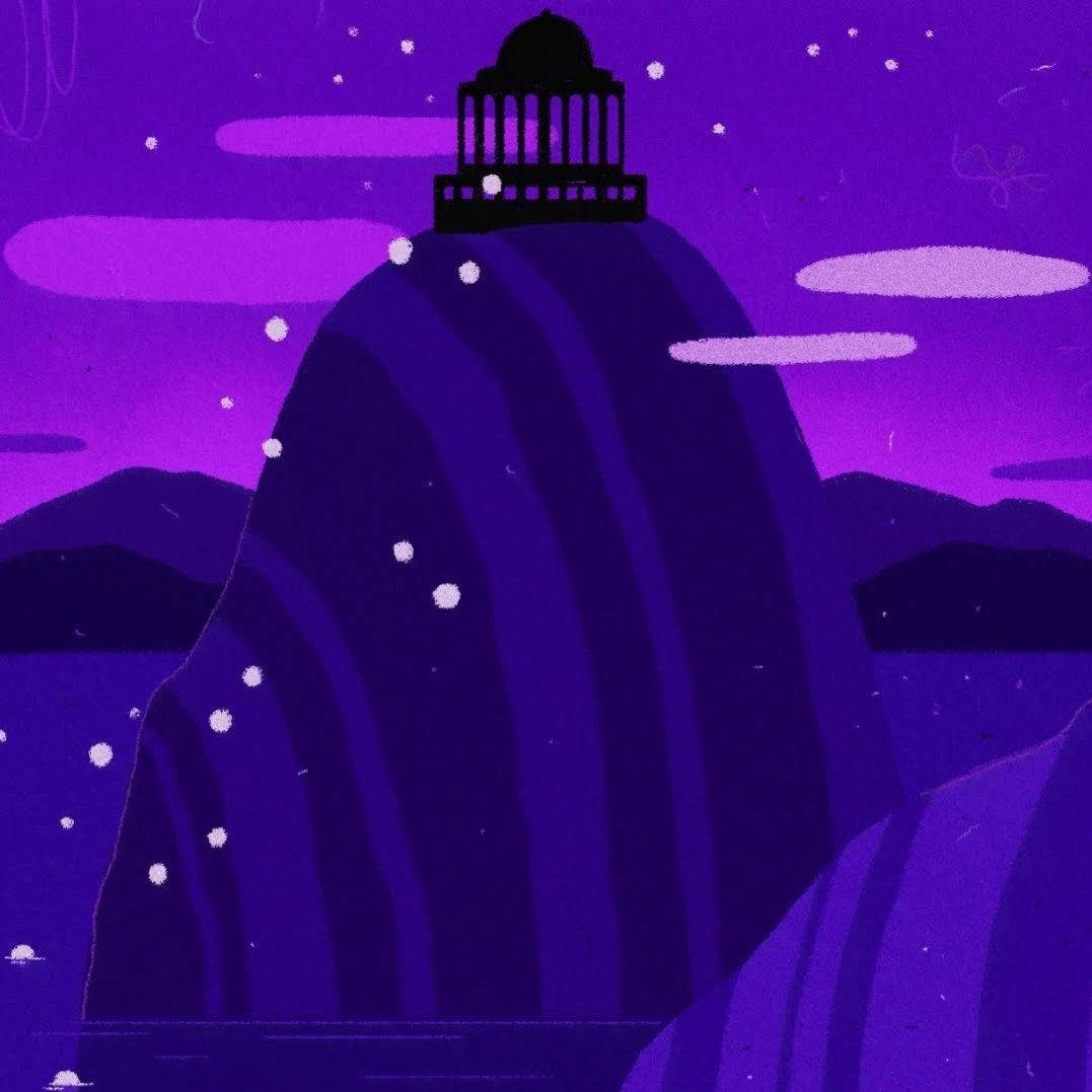 紫色山峰與寺廟在星空夜空下