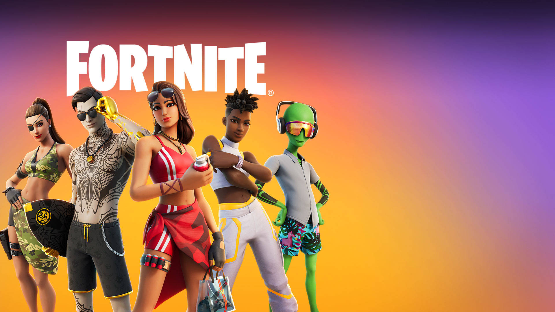 五個《Fortnite》遊戲角色穿著彩色服裝，在日落漸變背景前擺姿勢。