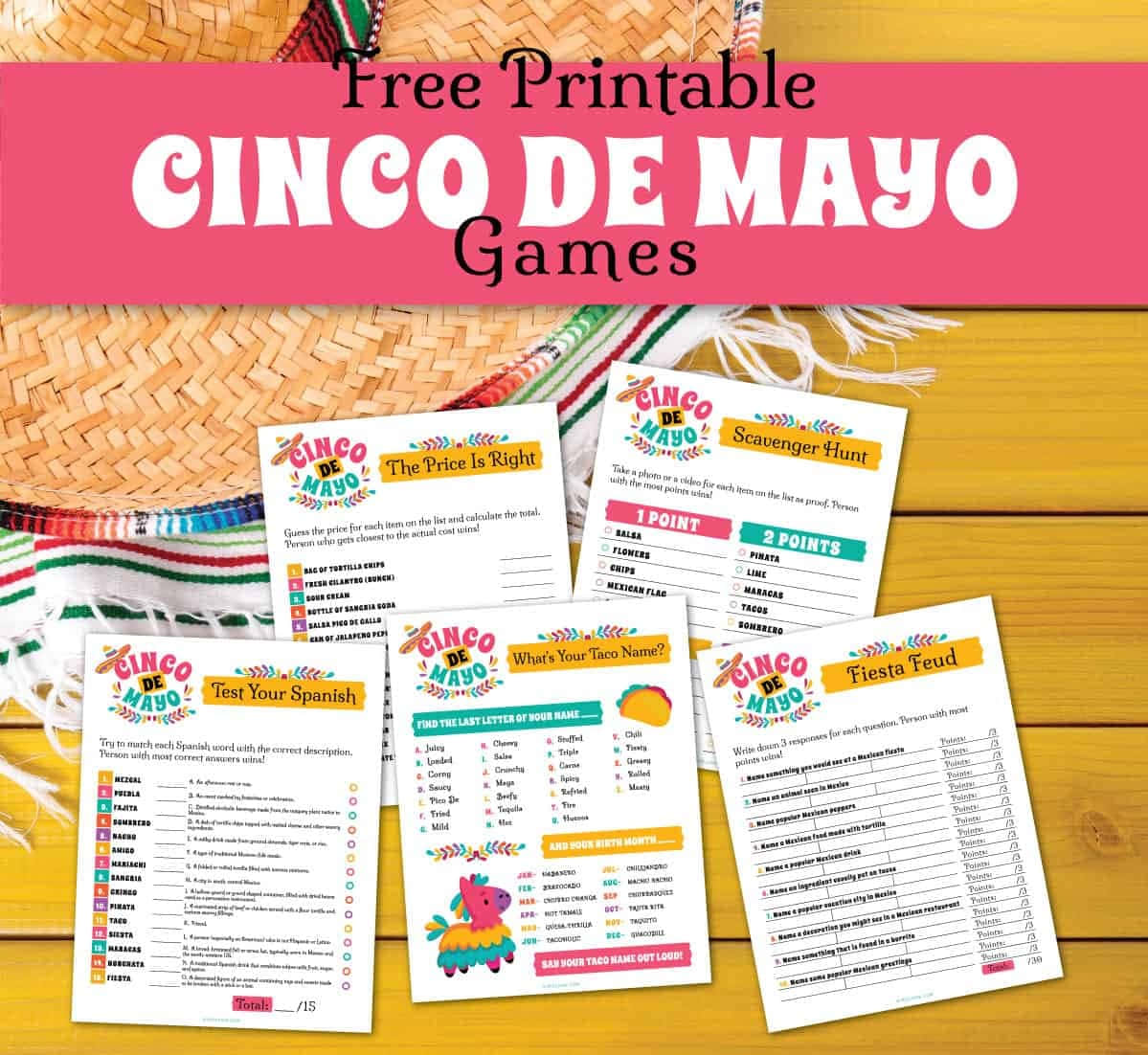 以時尚風格慶祝五月五日！ 壁紙 — 色彩繽紛的 Cinco de Mayo 遊戲印刷品散佈在木桌上，旁邊放著一頂帶有節日流蘇的編織墨西哥闊邊帽。