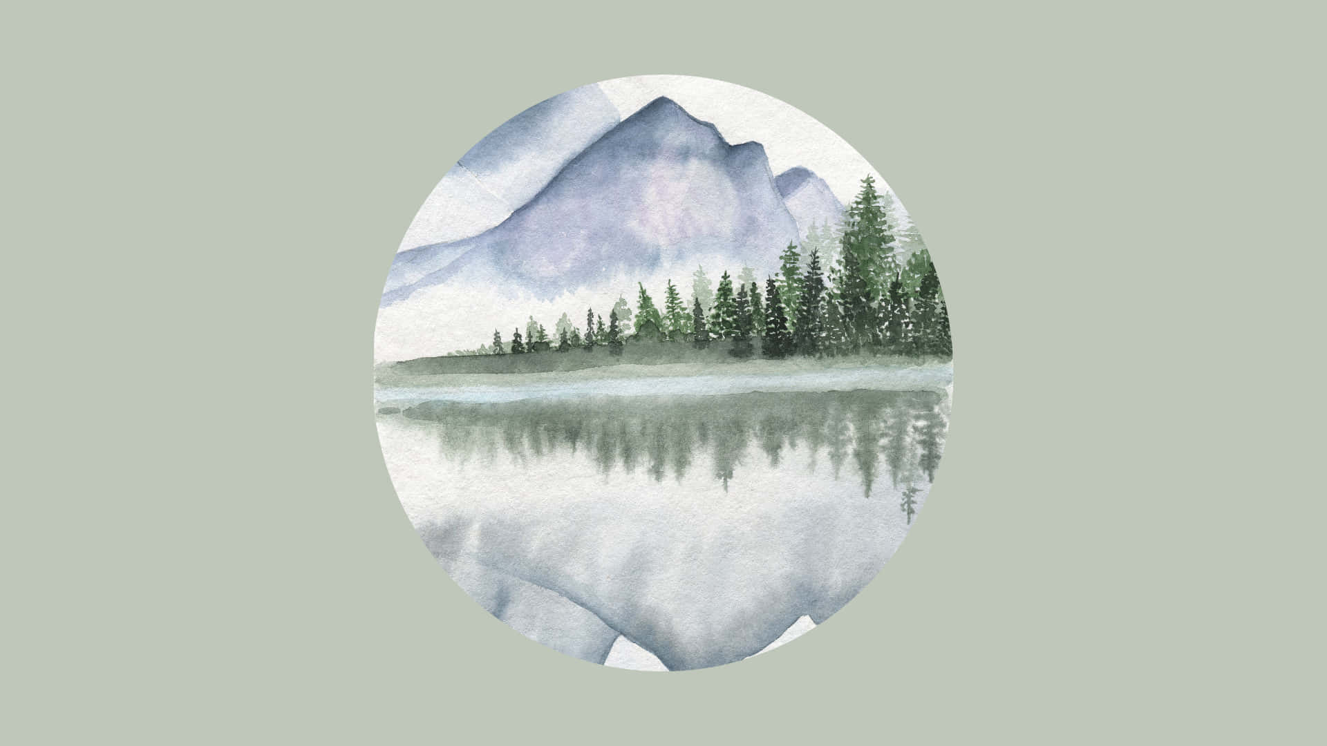 圓形水彩場景，包括山脈、樹木、湖面倒影和薄霧。