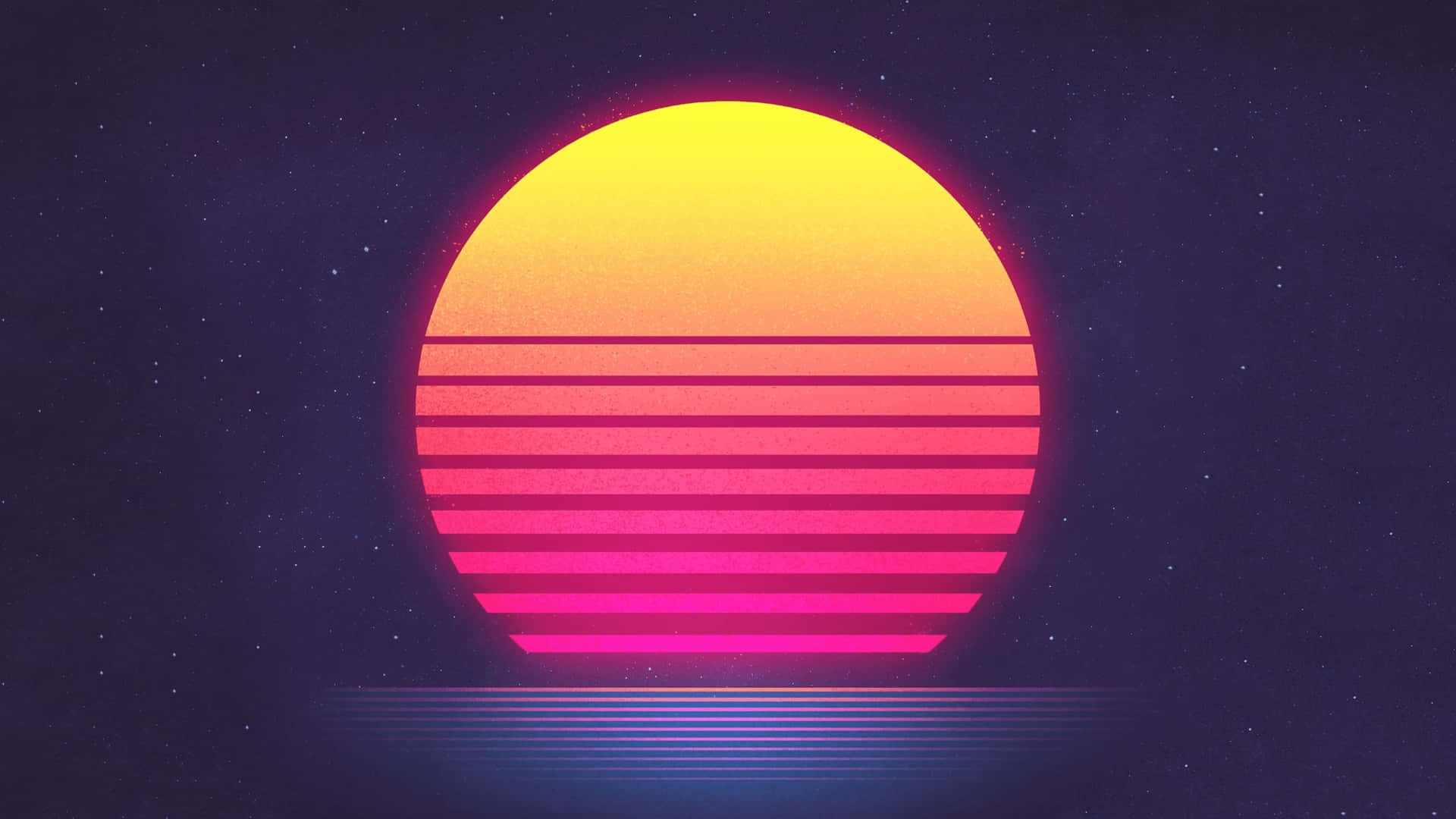 一個帶有條紋的發光復古太陽在星空地平線上。