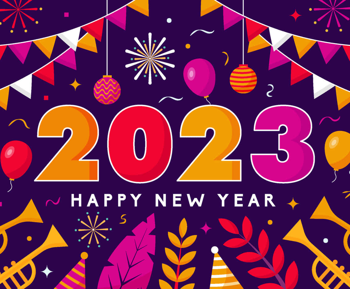 以最佳意願開啟新年 壁紙 — 深紫色背景上帶有彩色氣球、五彩紙屑、喇叭和節日橫幅的充滿活力的2023年新年慶祝圖形。