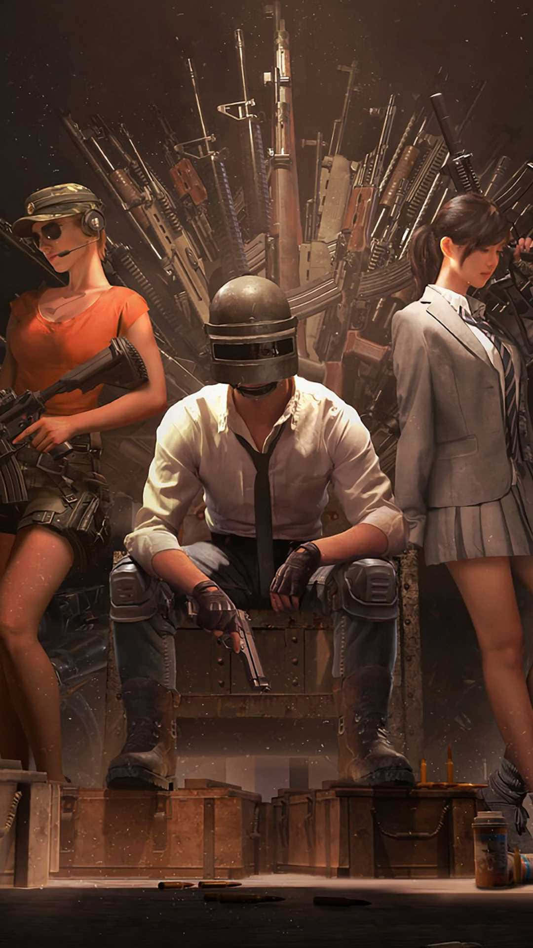 以最佳遊戲提升您的遊戲體驗 壁紙 — 三名風格化的遊戲玩家身穿戰鬥裝備，坐在步槍王座前，呈現粗糙的數位藝術場景。