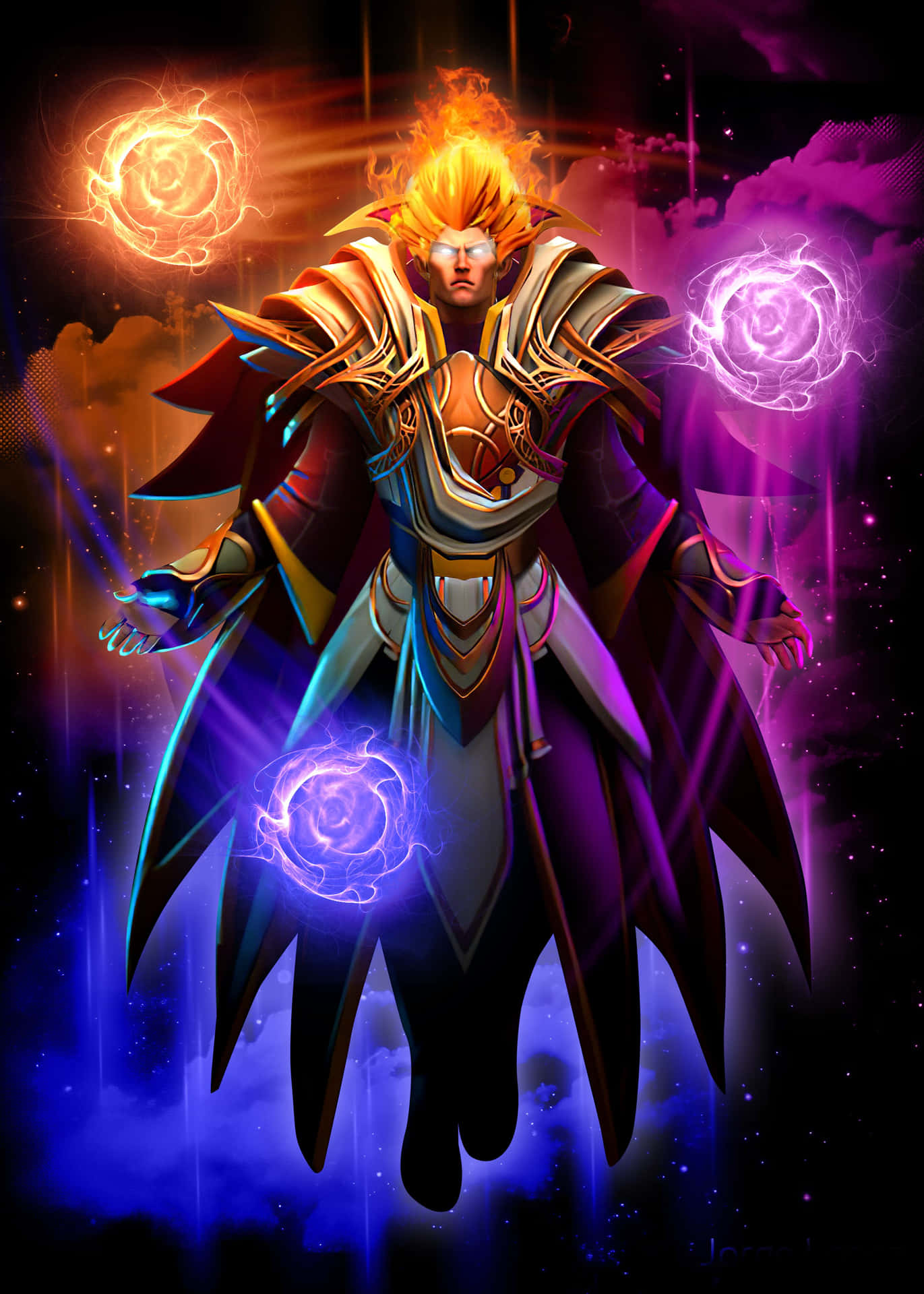 奇幻戰士在宇宙空間中漂浮，伴隨著發光的能量球體。